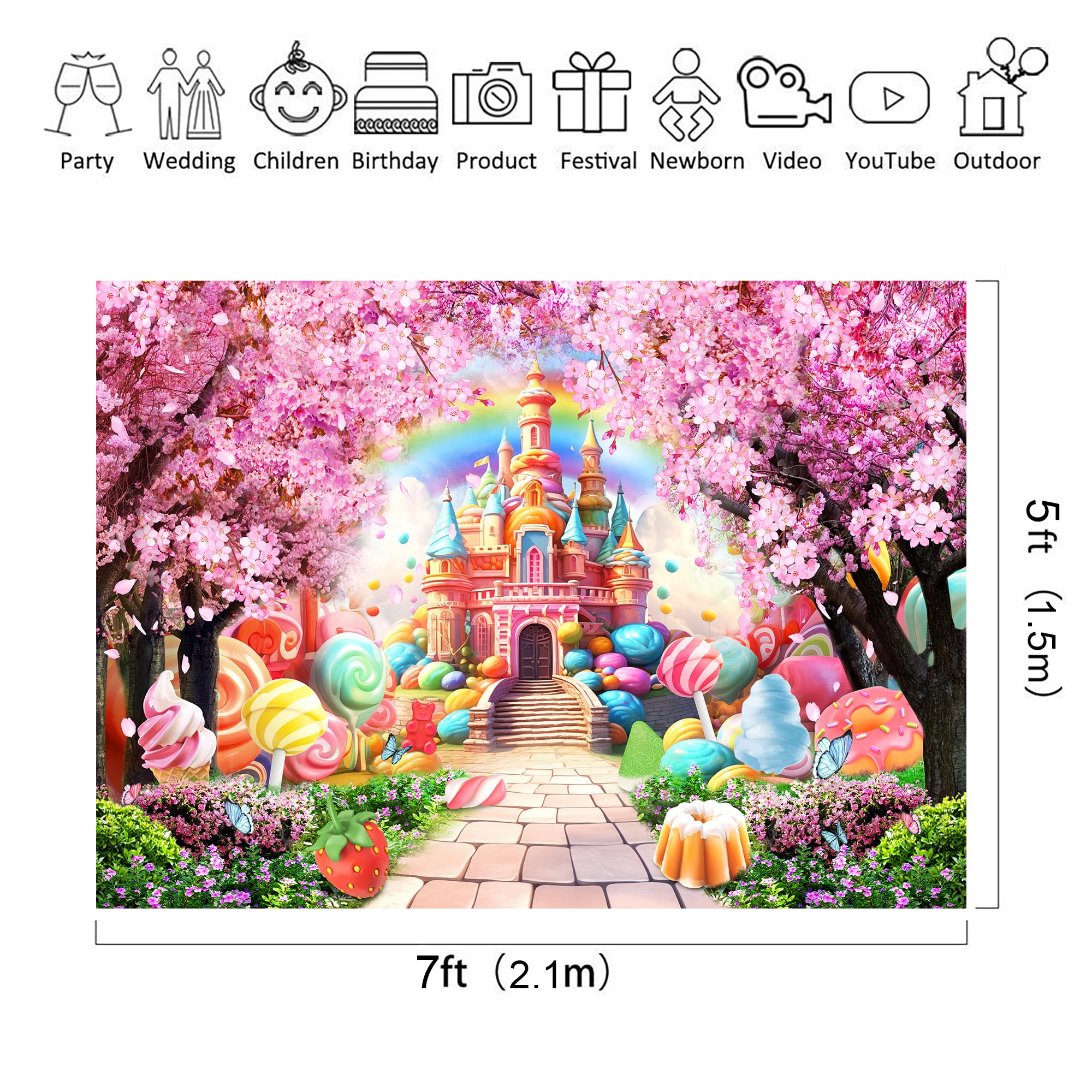 Riyidecor Princess Candyland Castle Backdrop Pink Fairy Sakura Rainbow 7Wx5H Feet Flower Floral Fantasy Tale Wonderland Photogra