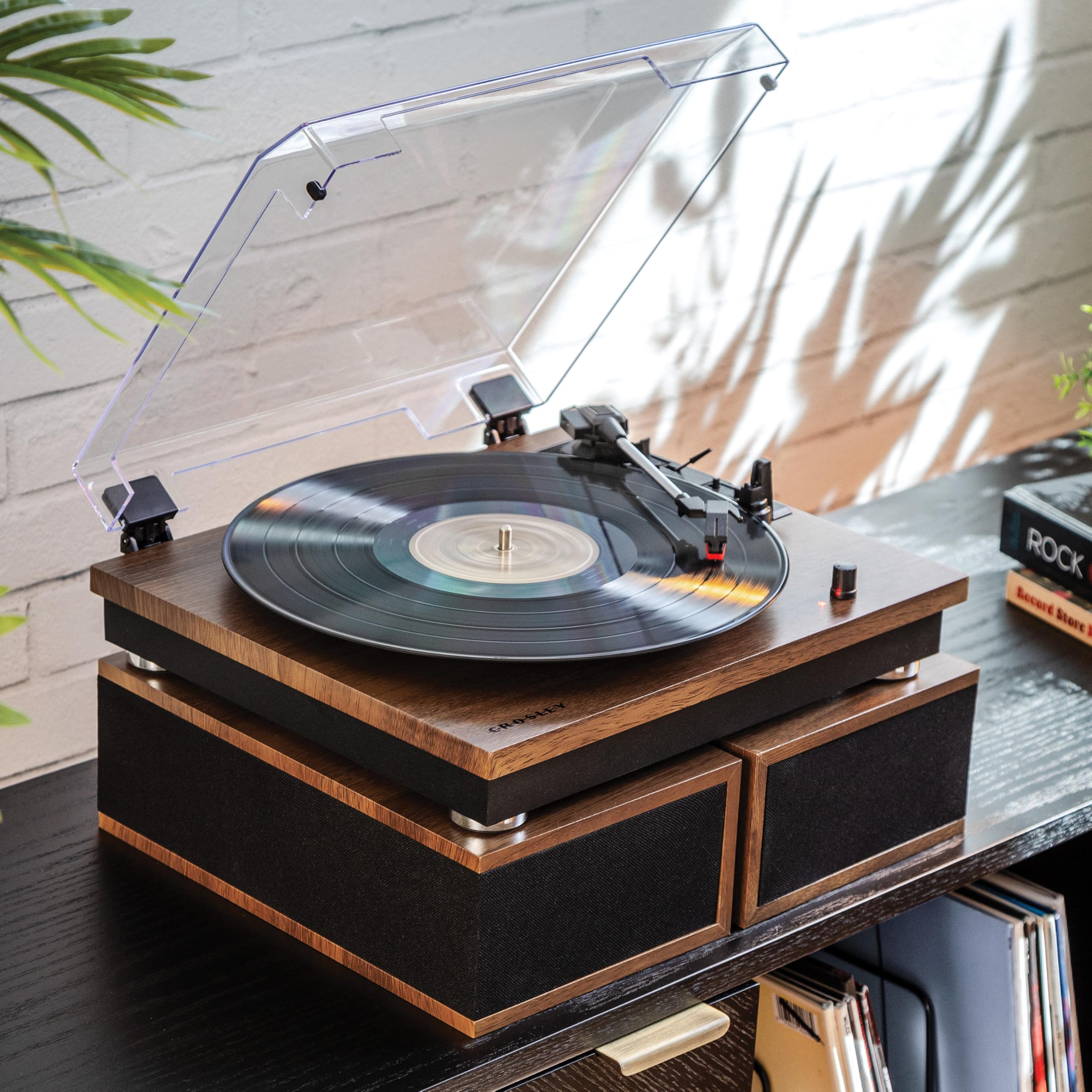 Crosley Cr7502A-Wa Riff 3-Speed Bluetooth Vinyl Record Player Turntable With Matching Stereo Speakers And 6 Modular Layouts, Wal