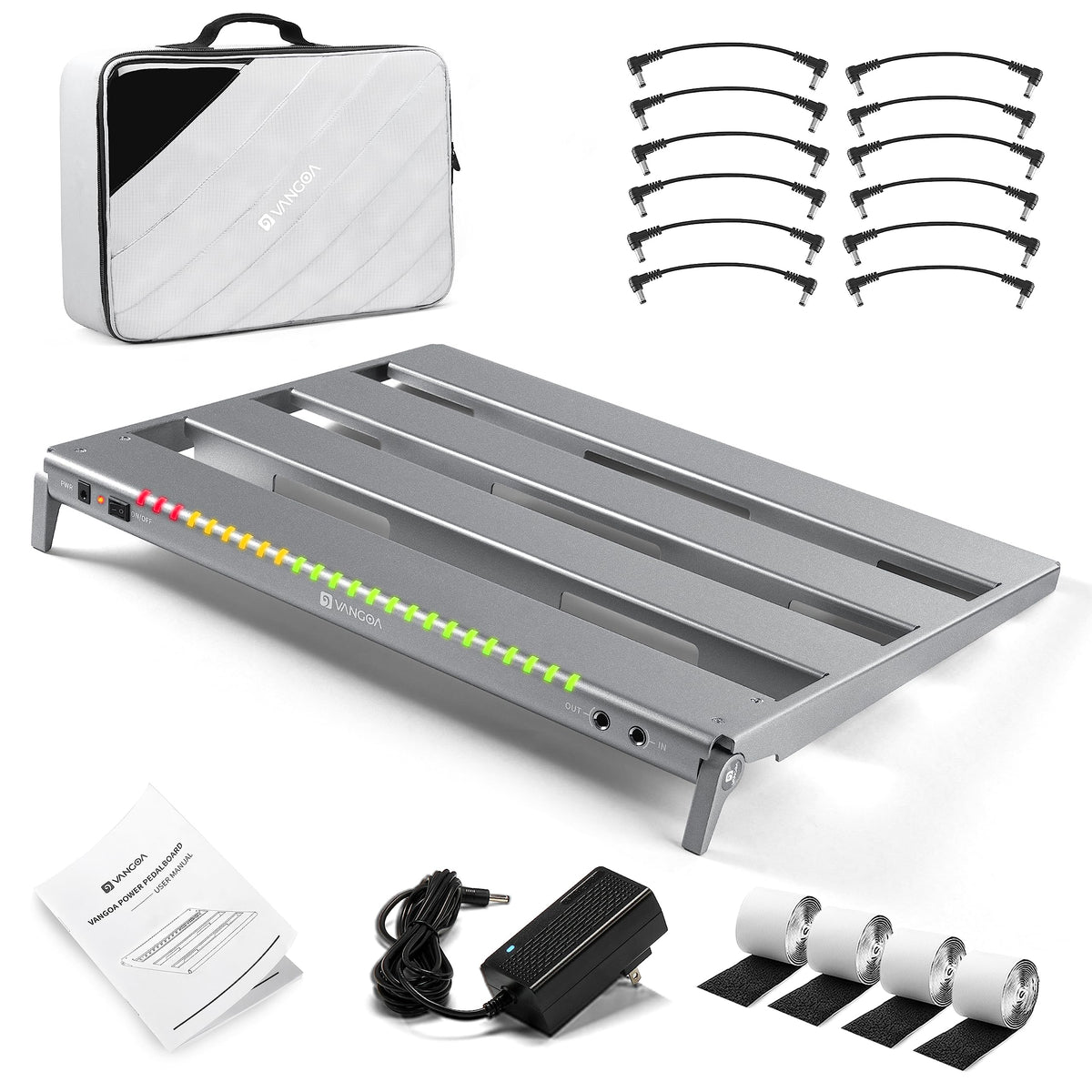 Vangoa Guitar Pedal Board with Isolated Power Supply, PD-M Aluminum One-Piece-Bent Portable Folding Powered Guitar Pedalboard wi