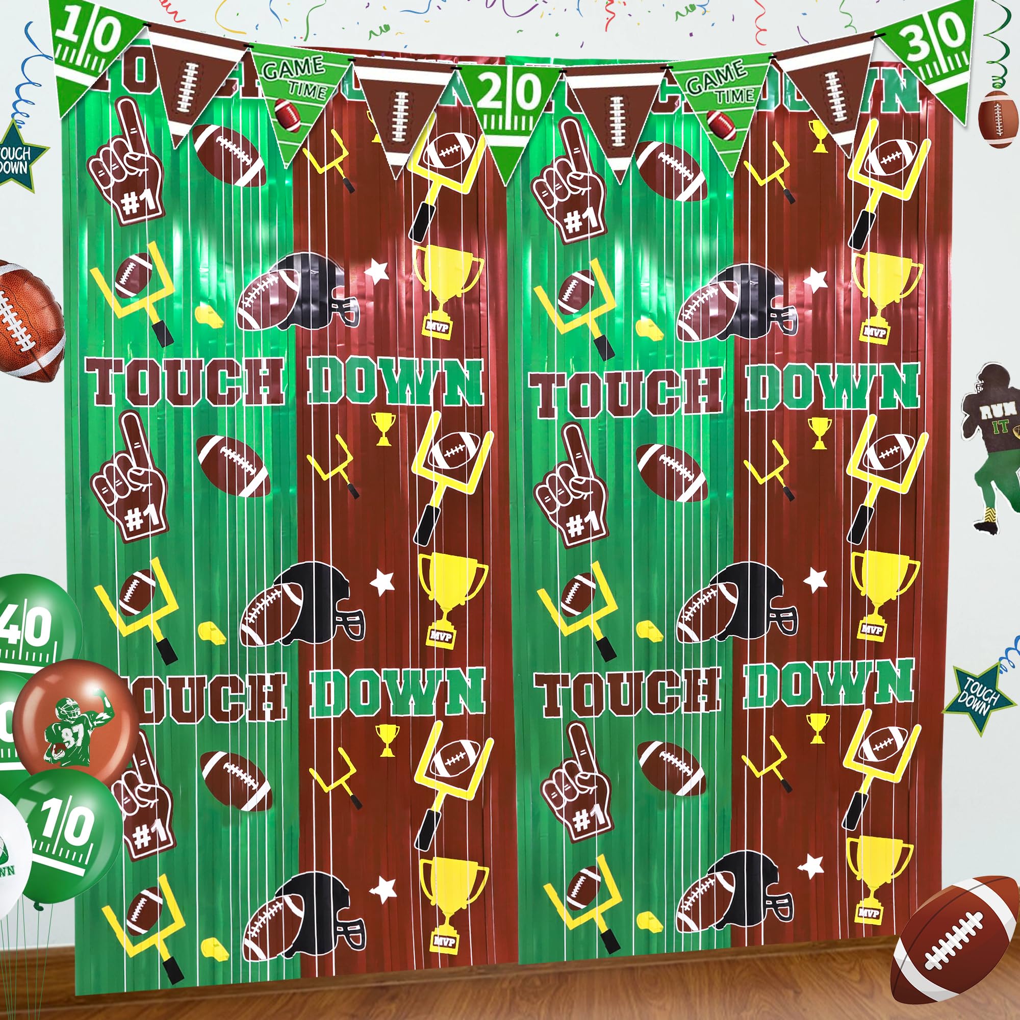 Superbowl Football Party Decorations Foil Fringe Curtains, 2 Pack 3.3x6.6ft Green Brown Tinsel Backdrop Super Bowl Sunday Night 