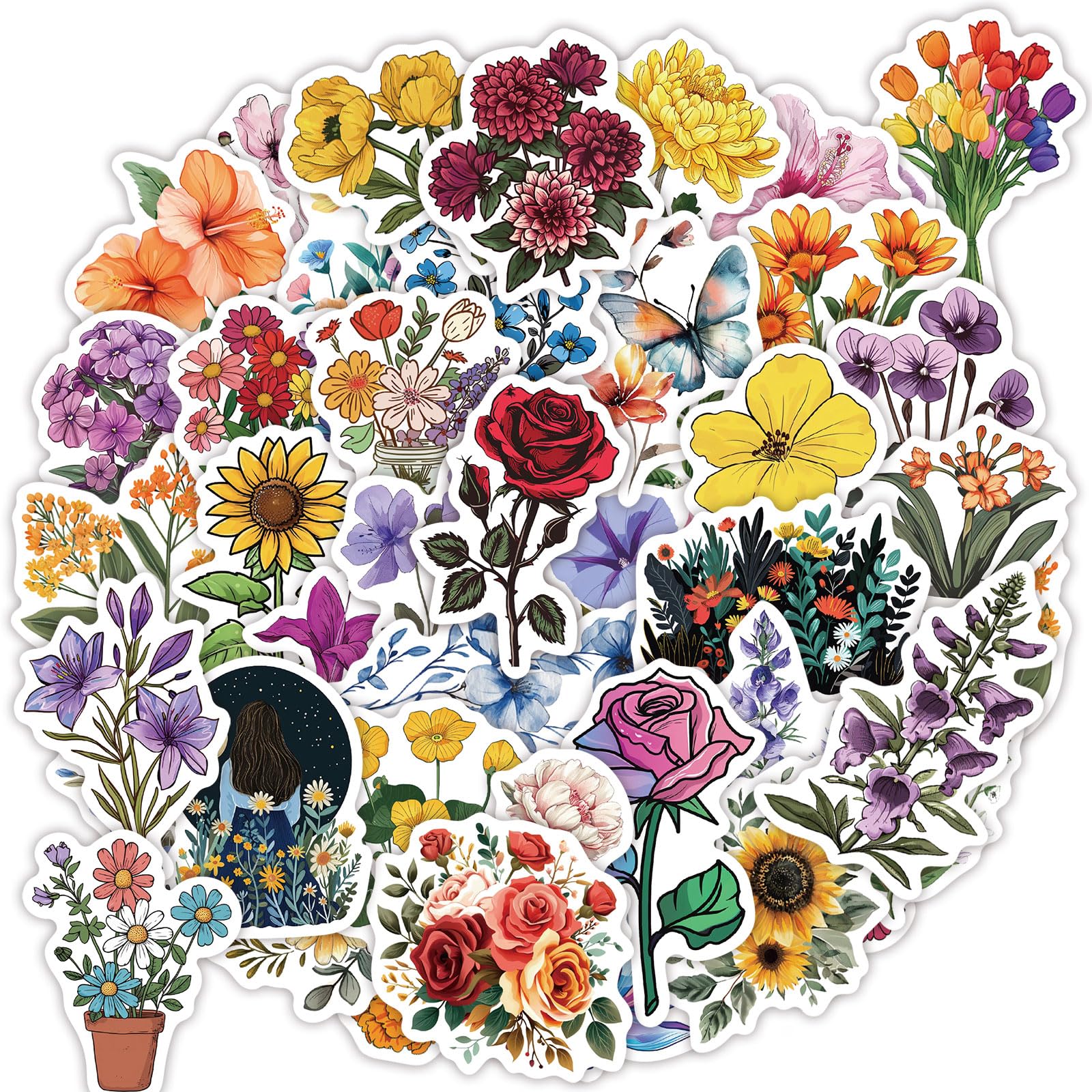 100 Pcs Flower Stickers Aesthetic Floral Stickers, Cute Stickers Flower Decor Flower Party Gifts For Kids Girls Women, Waterproo