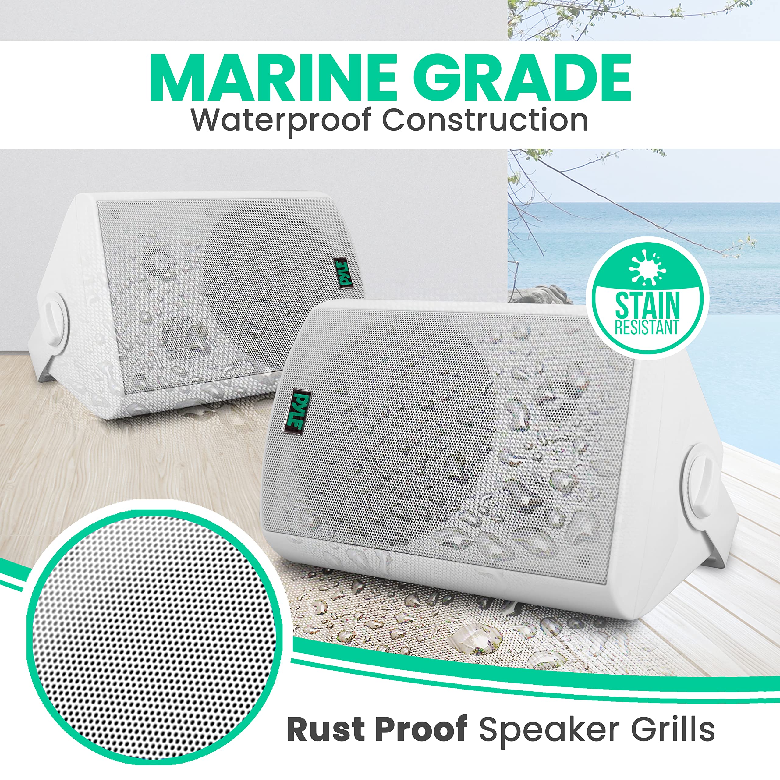 Pyle Dual Waterproof Outdoor Speaker System   5.25 Inch Pair Of White Weatherproof Wall/Ceiling Mounted Speakers W/Heavy Duty Gr
