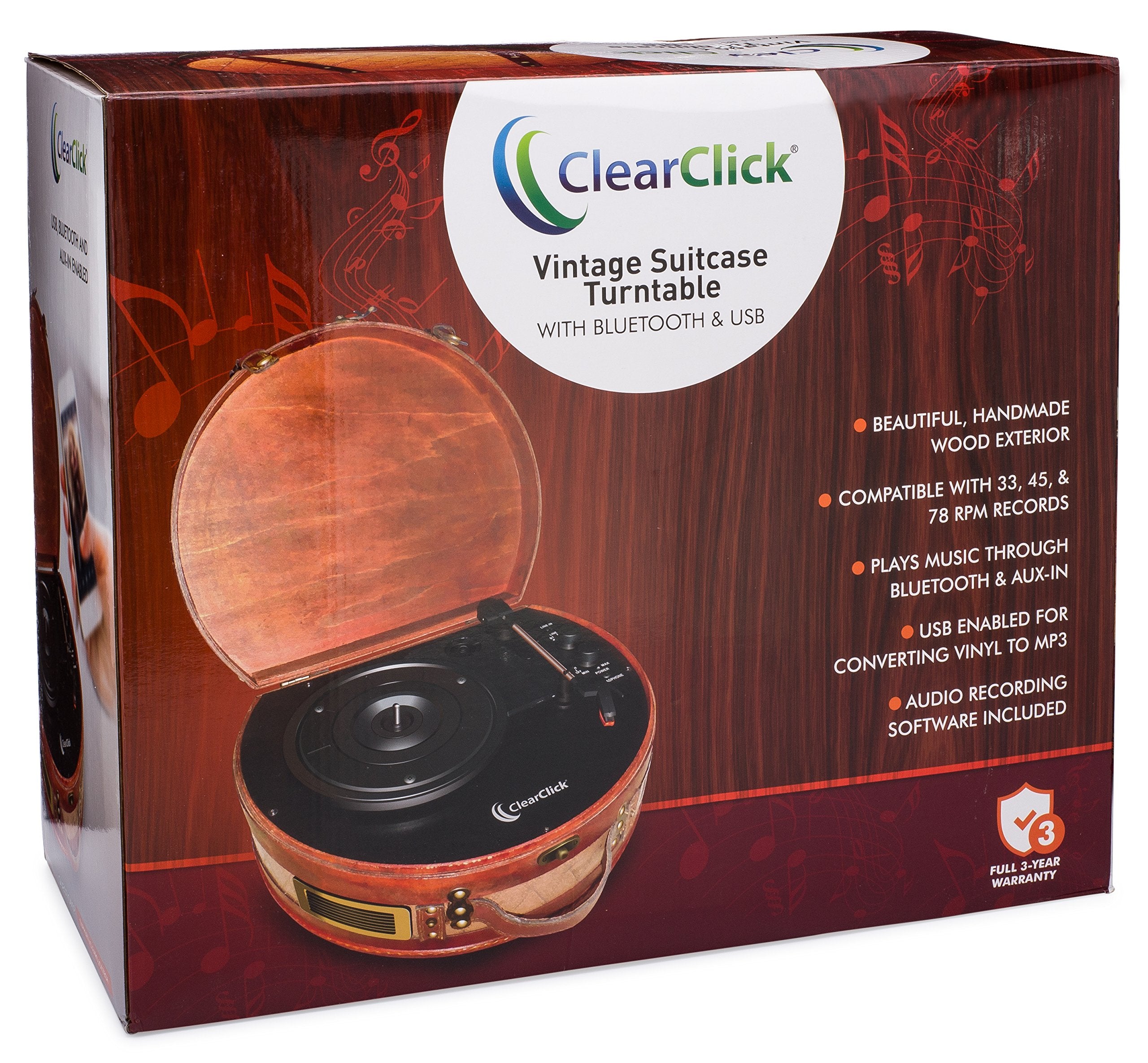 Clearclick Vintage Suitcase Turntable With Bluetooth & Usb   Classic Wooden Retro Style