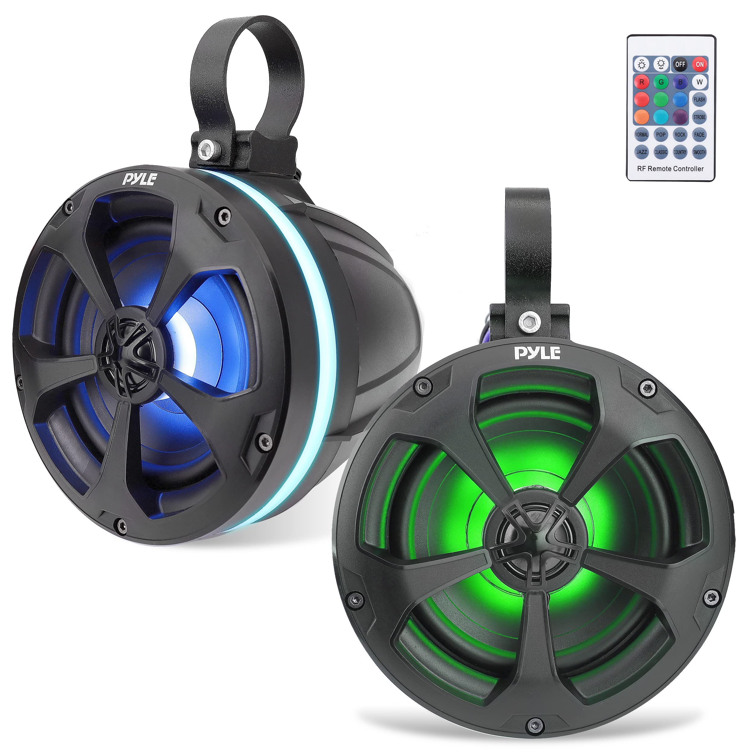 Pyle 2-Way Waterproof Off Road Speakers - 5.25 1000W Active Passive Marine Grade Wakeboard Tower Speakers System w/ RGB Light, F