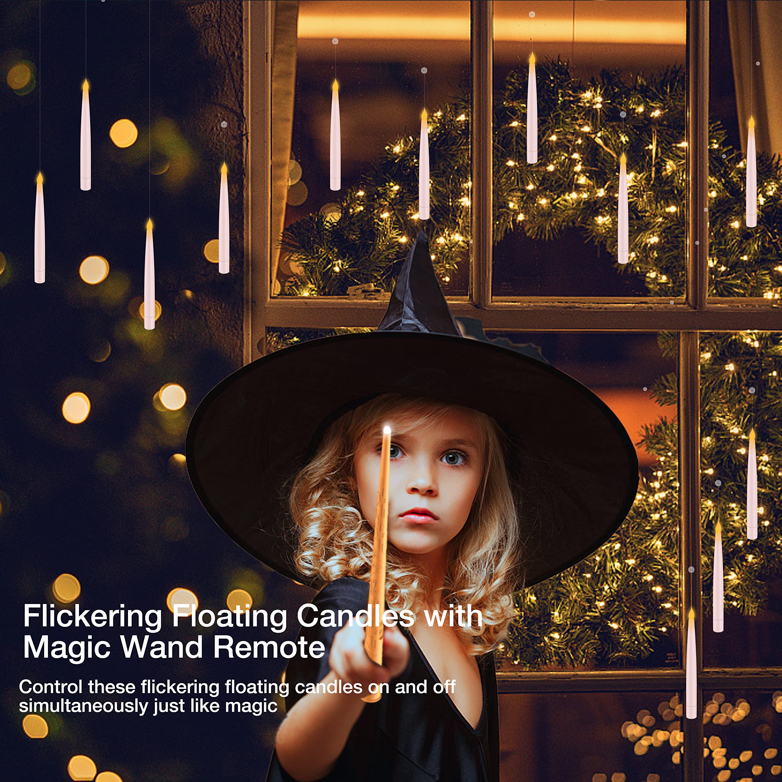 Halloween Decorations, Floating Candles With Wand, Magic Hanging Candles Flickering Warm Light Flameless Led Taper Candle, Batte