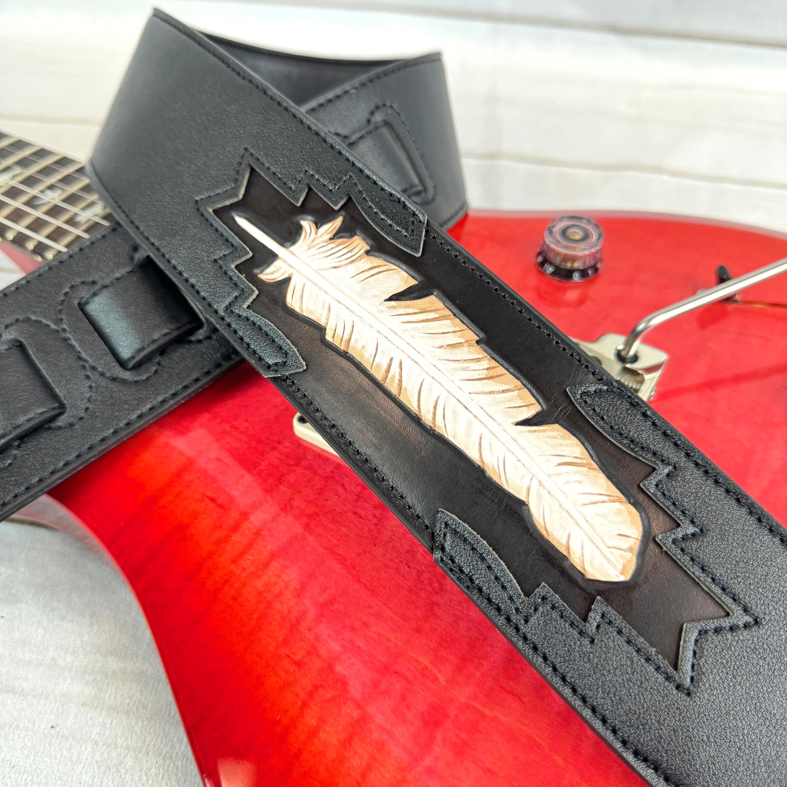 Walker & Williams Cvg 115 Black Leather Padded Guitar Strap Hand Tooled Feather For Acoustic, Electric, And Bass Guitars