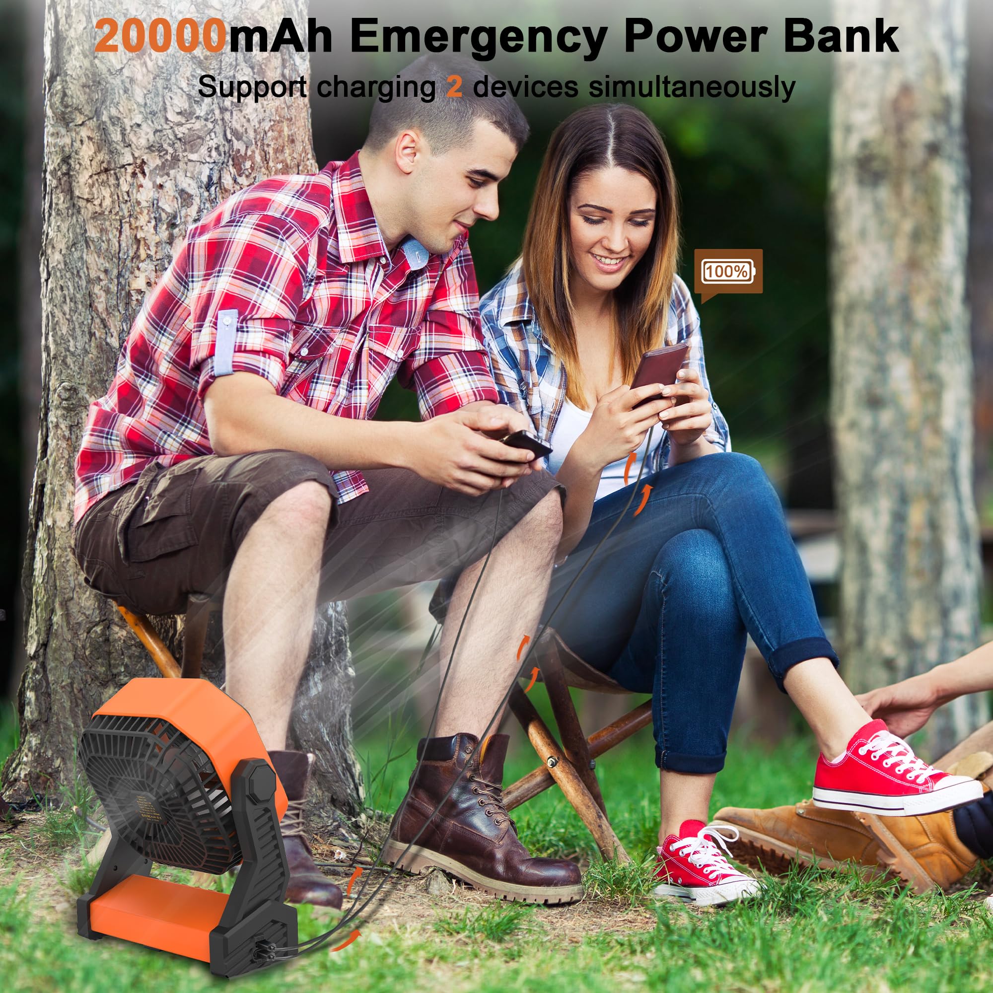 Kitwlemen Camping Fan With Led Lantern, 20000Mah Rechargeable Battery Operated Outdoor Tent Fan With Light & Hanging Hook, 4 Spe