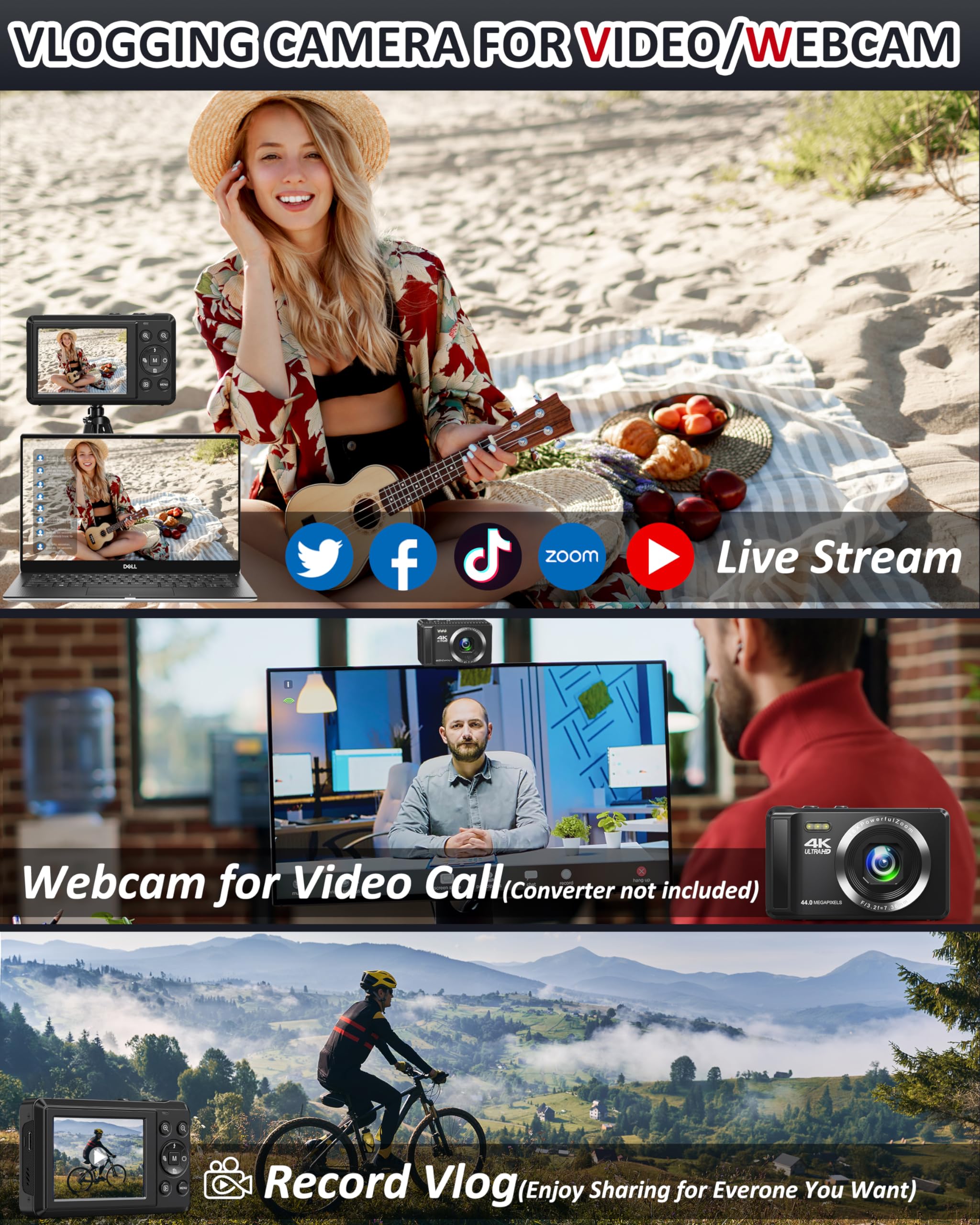 Digital Camera   4K 44Mp Uhd Digital Cameras For Photography   Autofocus Point And Shoot Vlogging Camera With 16X Zoom, 32Gb Sd