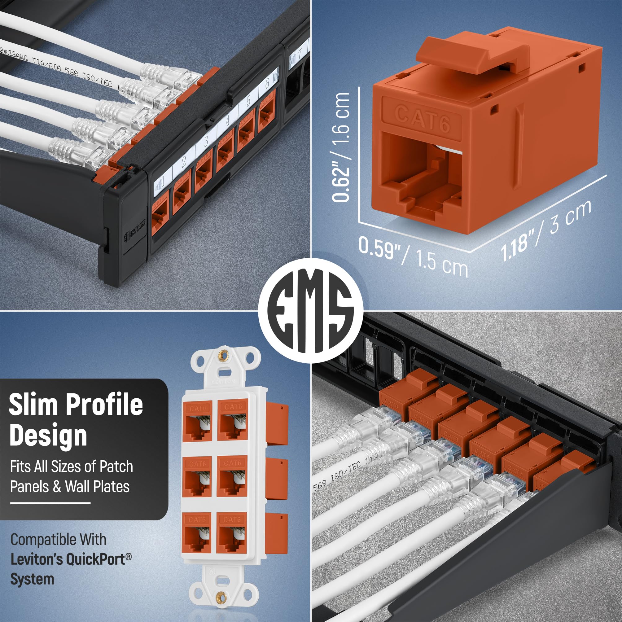 Everest Media Solutions Rj45 Cat6 Keystone Coupler In Orange   12 Pack   Female To Female Ethernet Keystone Jack For Standard Wa