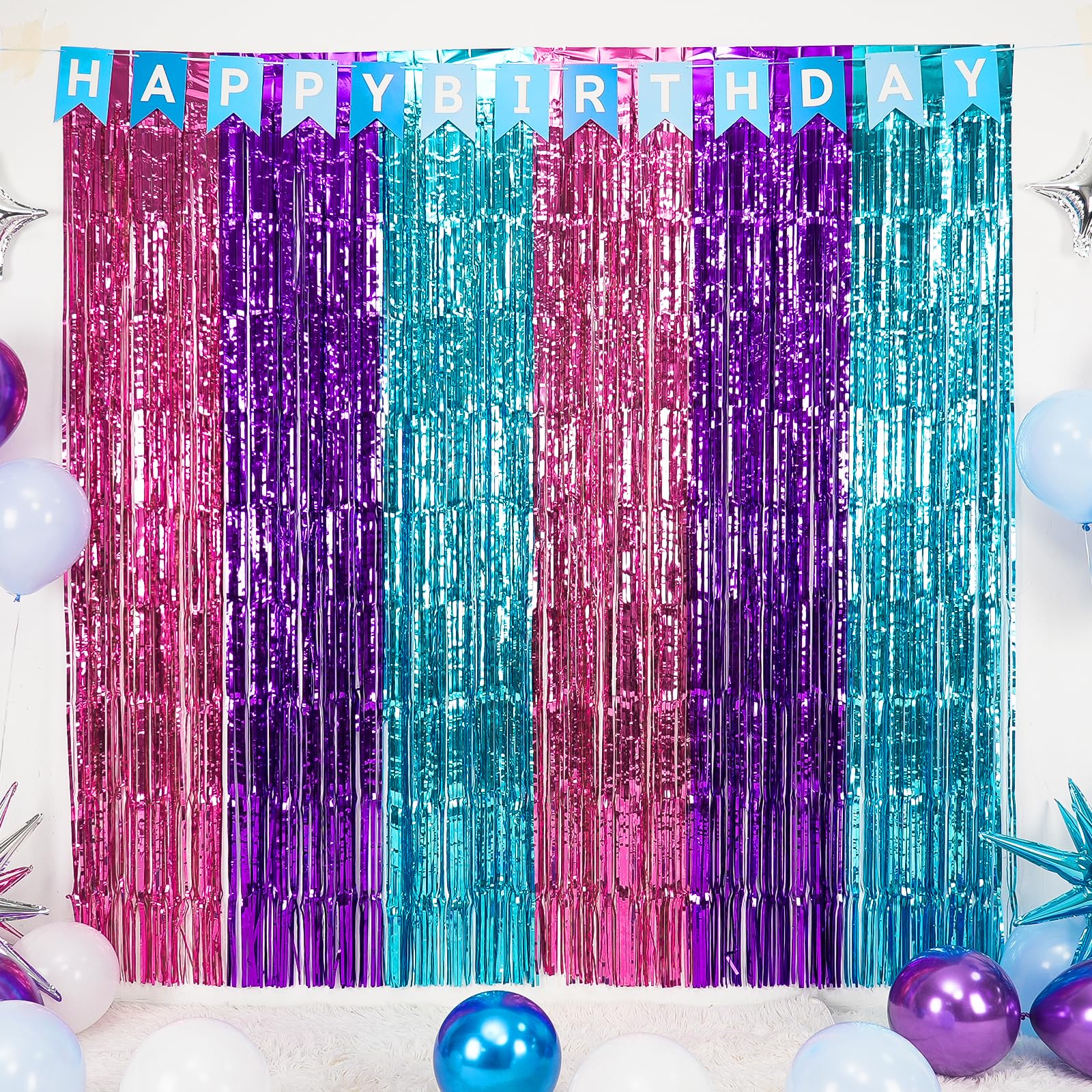 Mermaid Themed Foil Fringe Curtains, 2 Packs Of 3.3X6.6 Ft Blue Purple And Hot Pink Tinsel Foil Fringe Curtains Photo Booth Prop