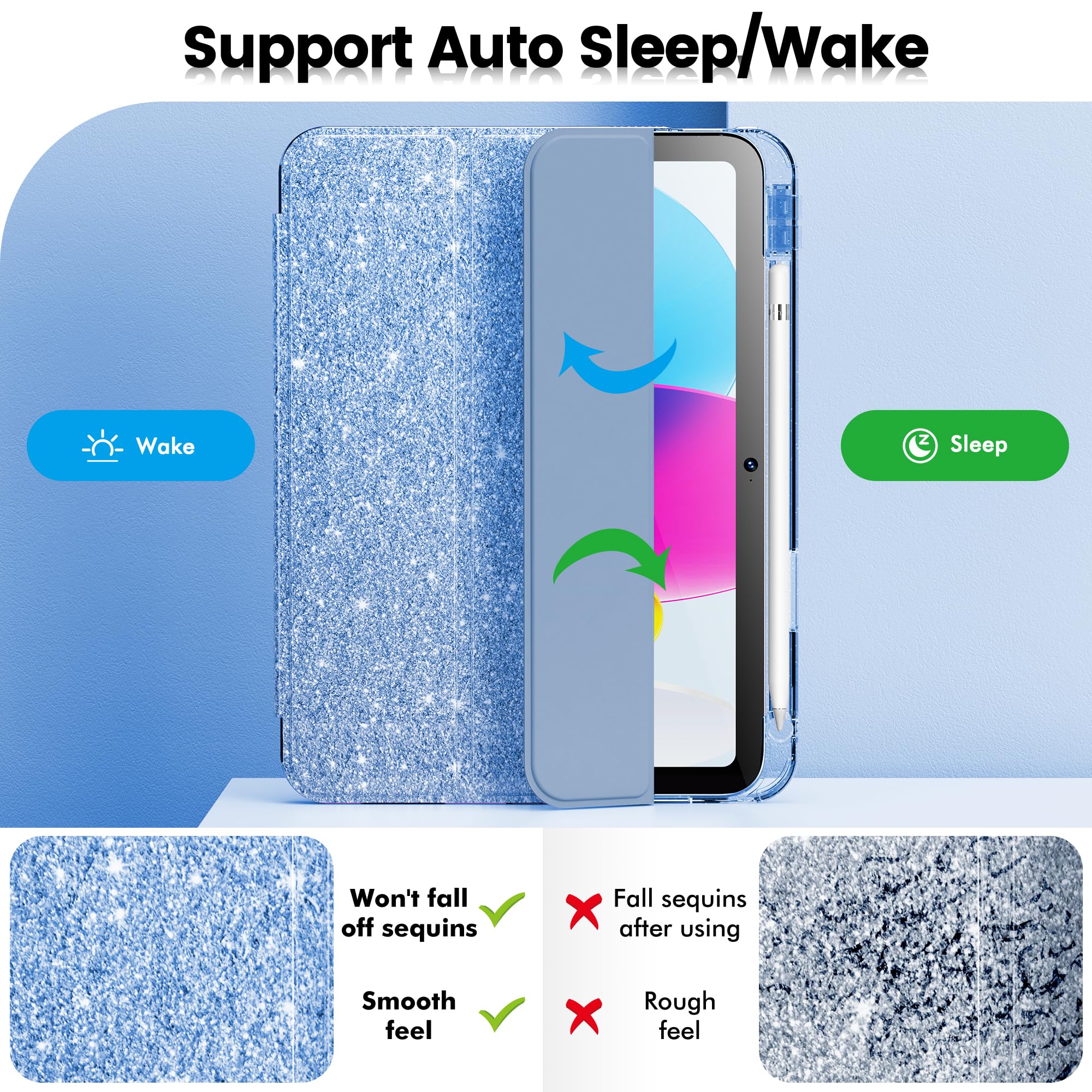 Infiland Compatible With Ipad 10Th Generation Case, Ipad Case 10Th Generation 10.9 Inch, Glitter Leather Cover With Sparkly Crystal Clear Back, Pencil Holder, Anti Yellowing, Blue