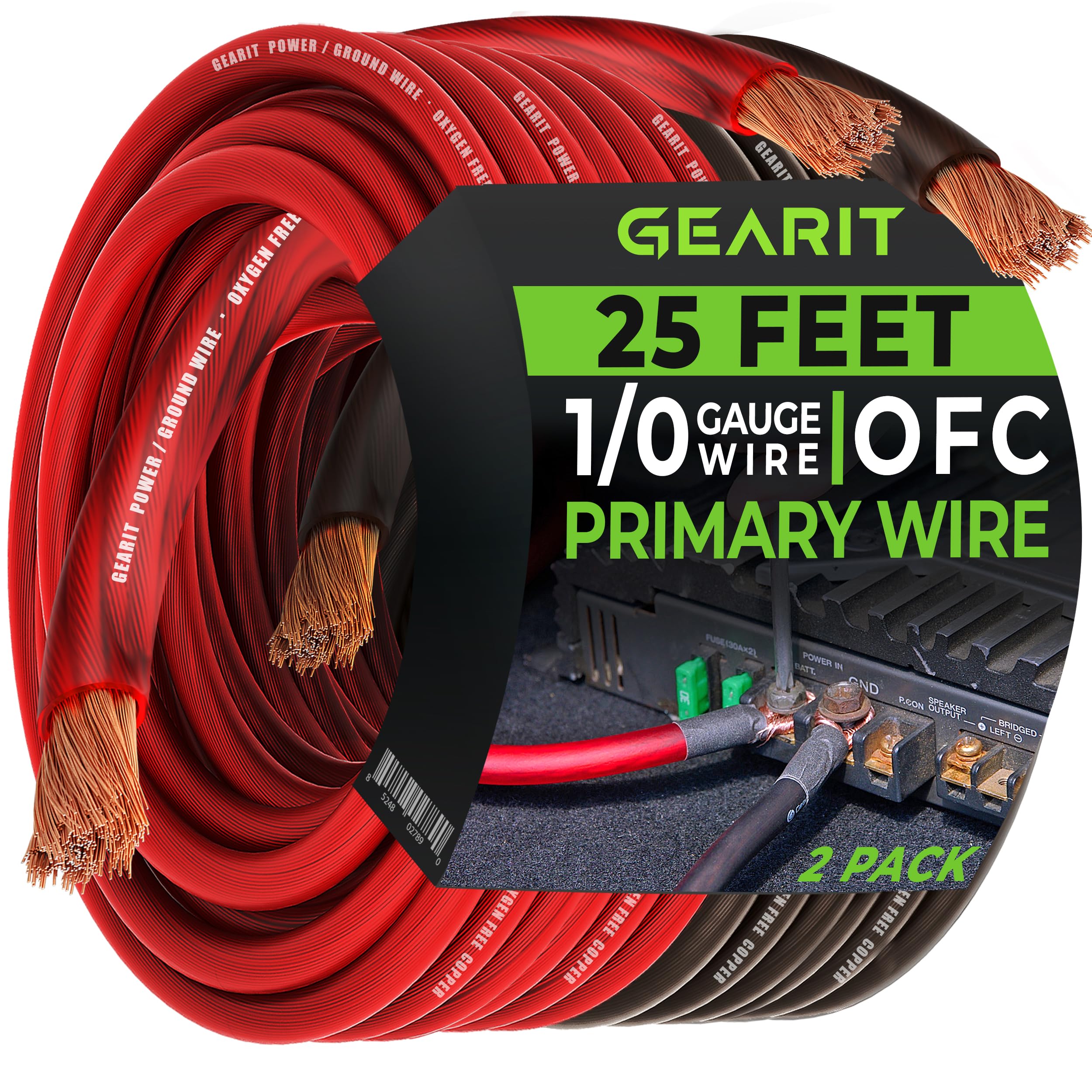 Gearit 1/0 Gauge Wire Oxygen Free Copper Ofc (25Ft Each  Black/Red Translucent) 0 Awg   Primary Automotive Wire Power/Ground, Ba