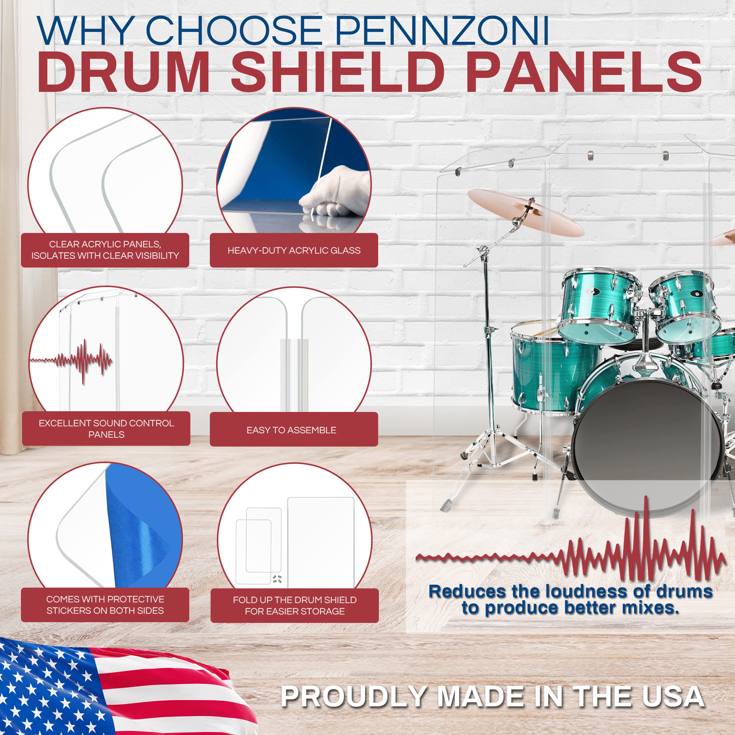 Pennzoni Drum Shield 5Ft W/Deflectors & Plastic Hinges, Comes W/ 3 Drum Panels, Plastic Hinges & Deflector Connectors, Premium C
