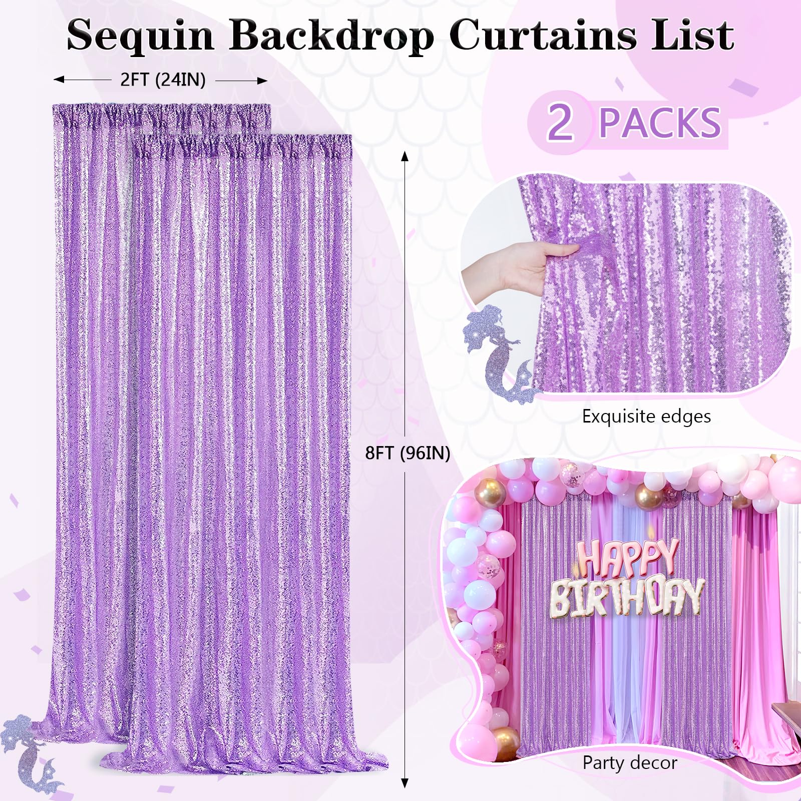 Light Purple Sequin Backdrop Curtains 2 Panels 2Ftx8Ft Photo Backdrop Glitter Birthday Party Curtains