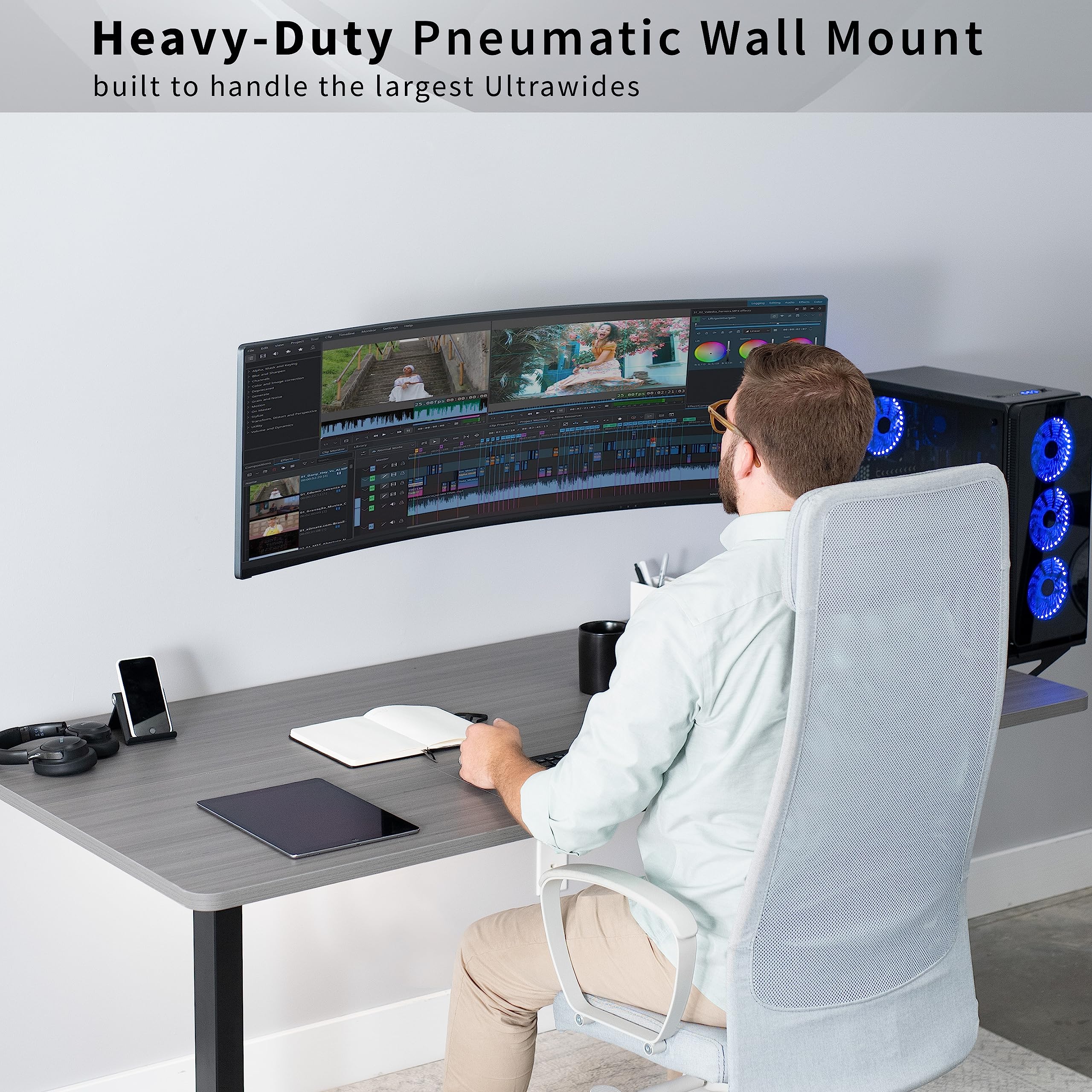 VIVO Premium Black Aluminum Heavy Duty Monitor Arm for Ultrawide Screens up to 49, Pneumatic Height, Max VESA 100x100, Single Wall Mount