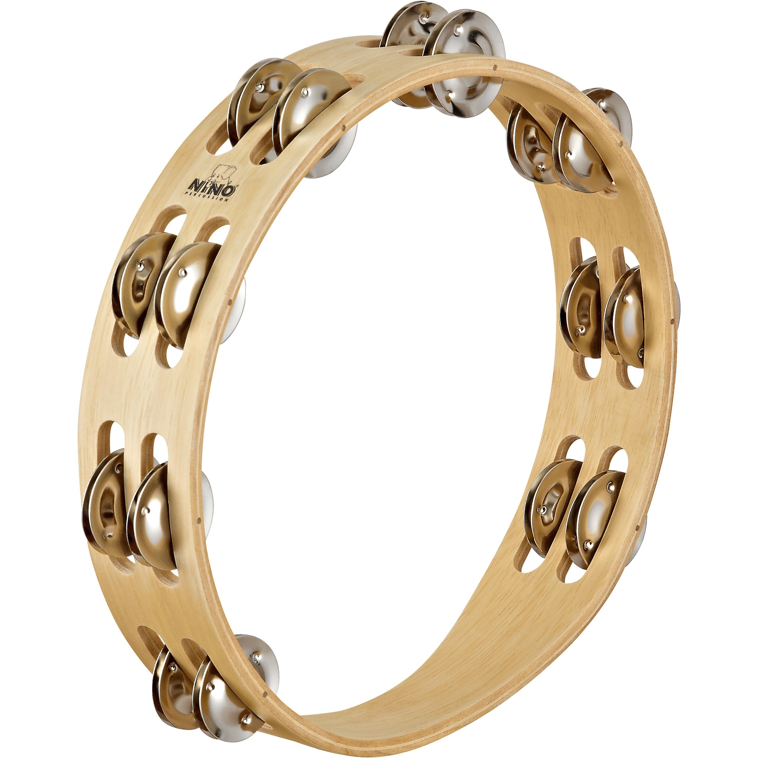 Nino Percussion NINO15 10Inch Wood Tambourine with Steel Jingles 2 Rows Natural Finish