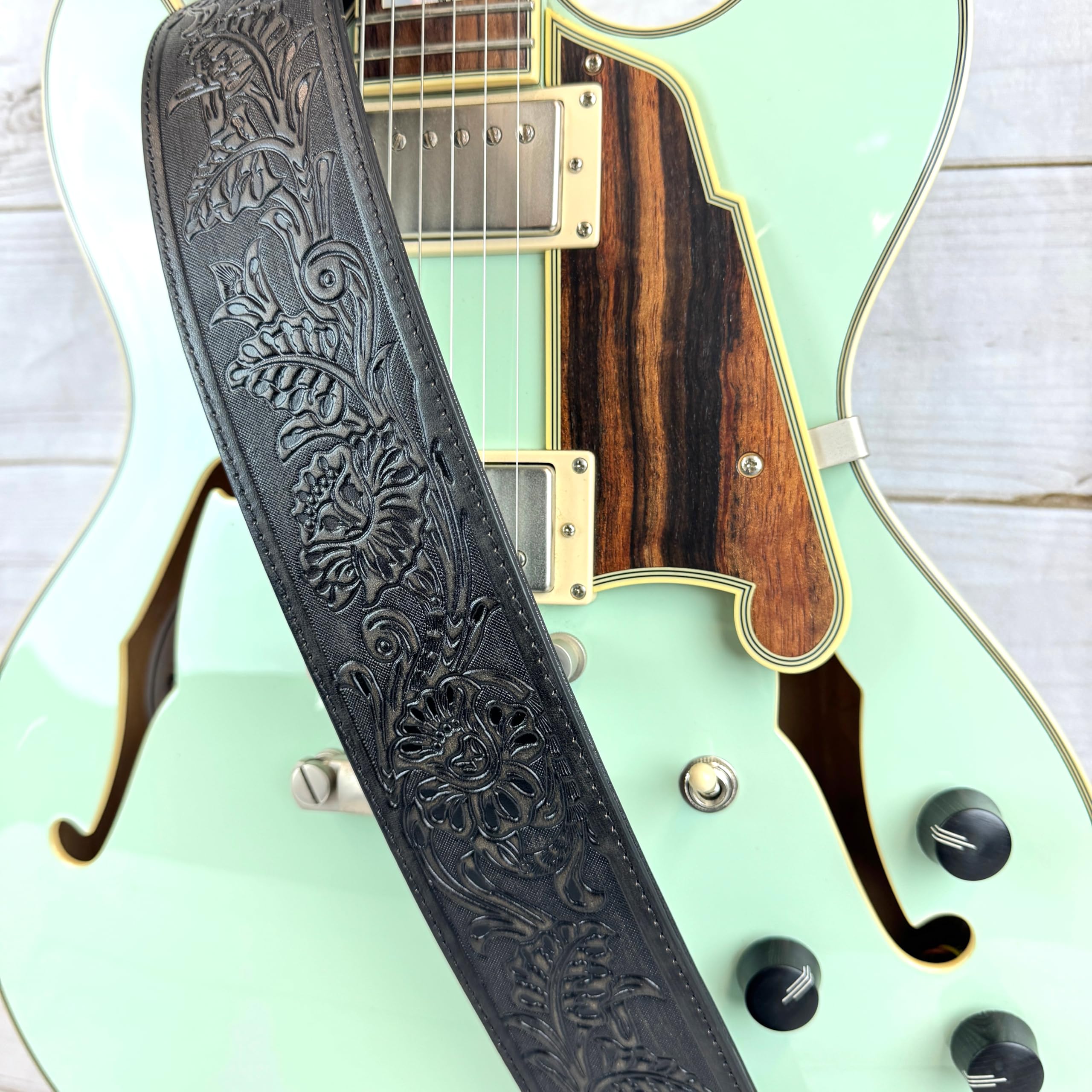 Walker & Williams Lif 02 Distressed Black Handmade Leather Padded Guitar Strap With Western Sheridan Tooling For Acoustic, Elect
