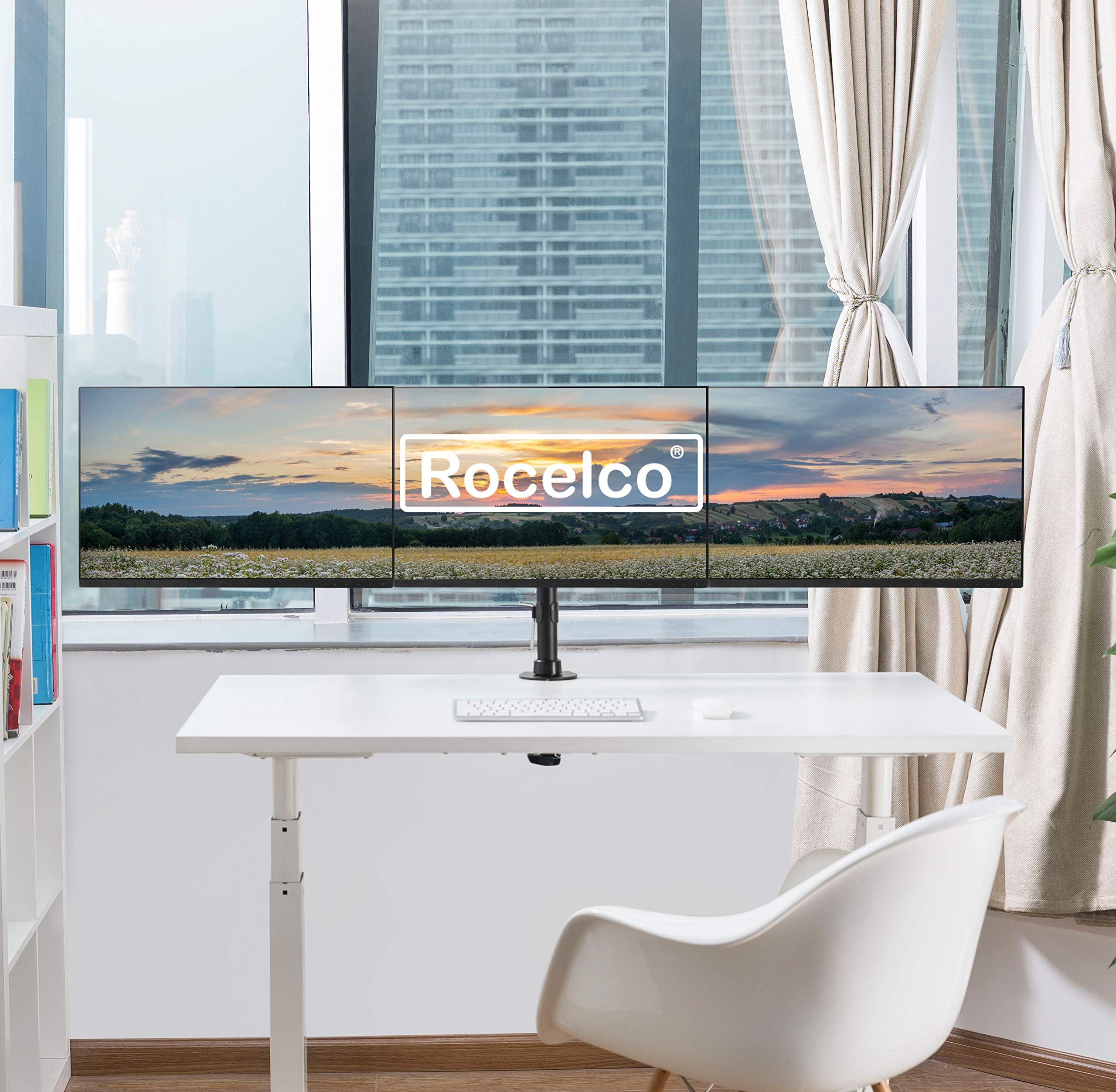 Rocelco Premium Triple Monitor Desk Mount   Standard Pattern Fits 13'   27' LED LCD Flat Computer Screen   Three Articulated Full Motion Adjustable Arms   Grommet and C Clamp   Black (R DM3)