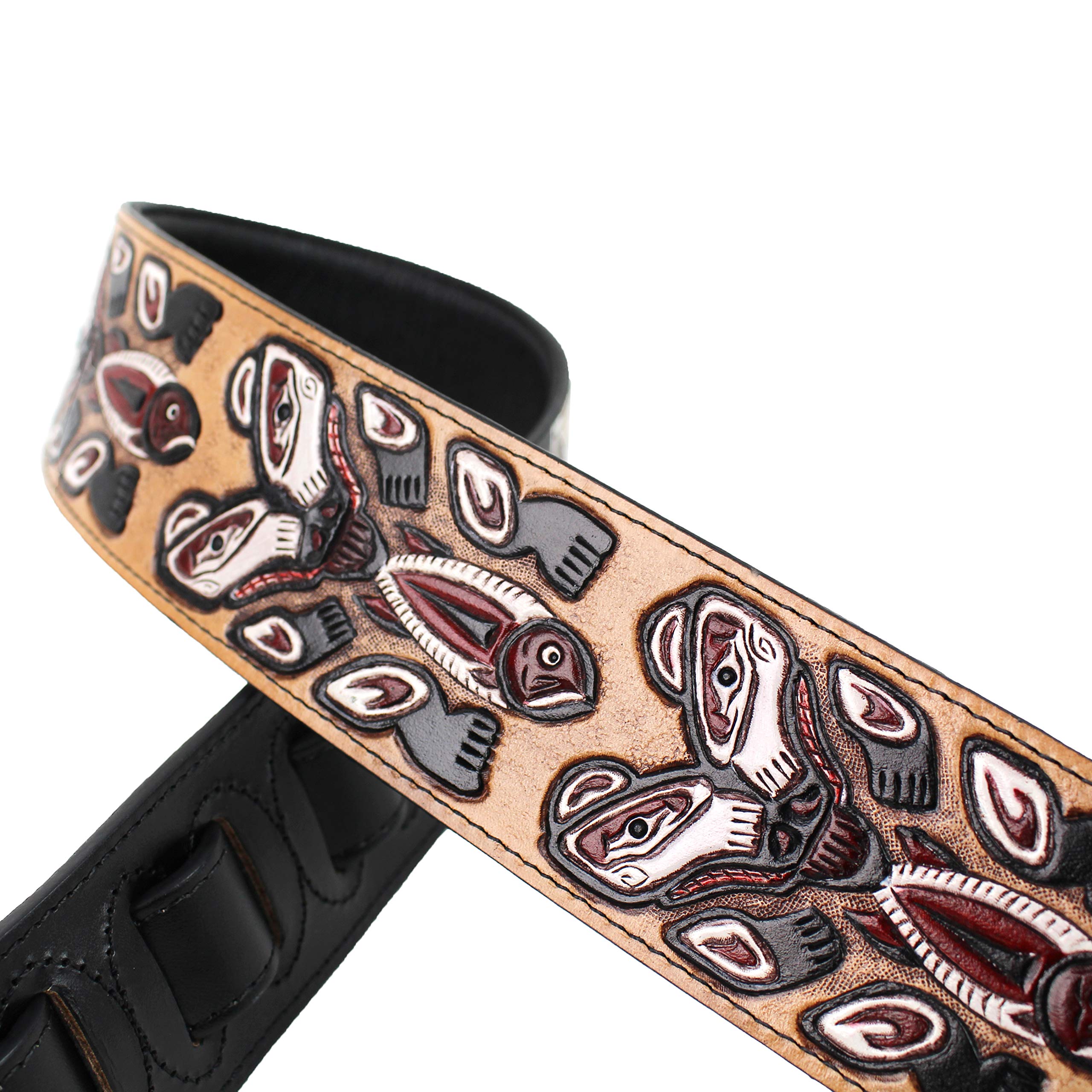 Walker And Williams Lhr 23 Handmade Black Premium Carved Leather Guitar Strap With Bear Totem Carving For Acoustic, Electric, An
