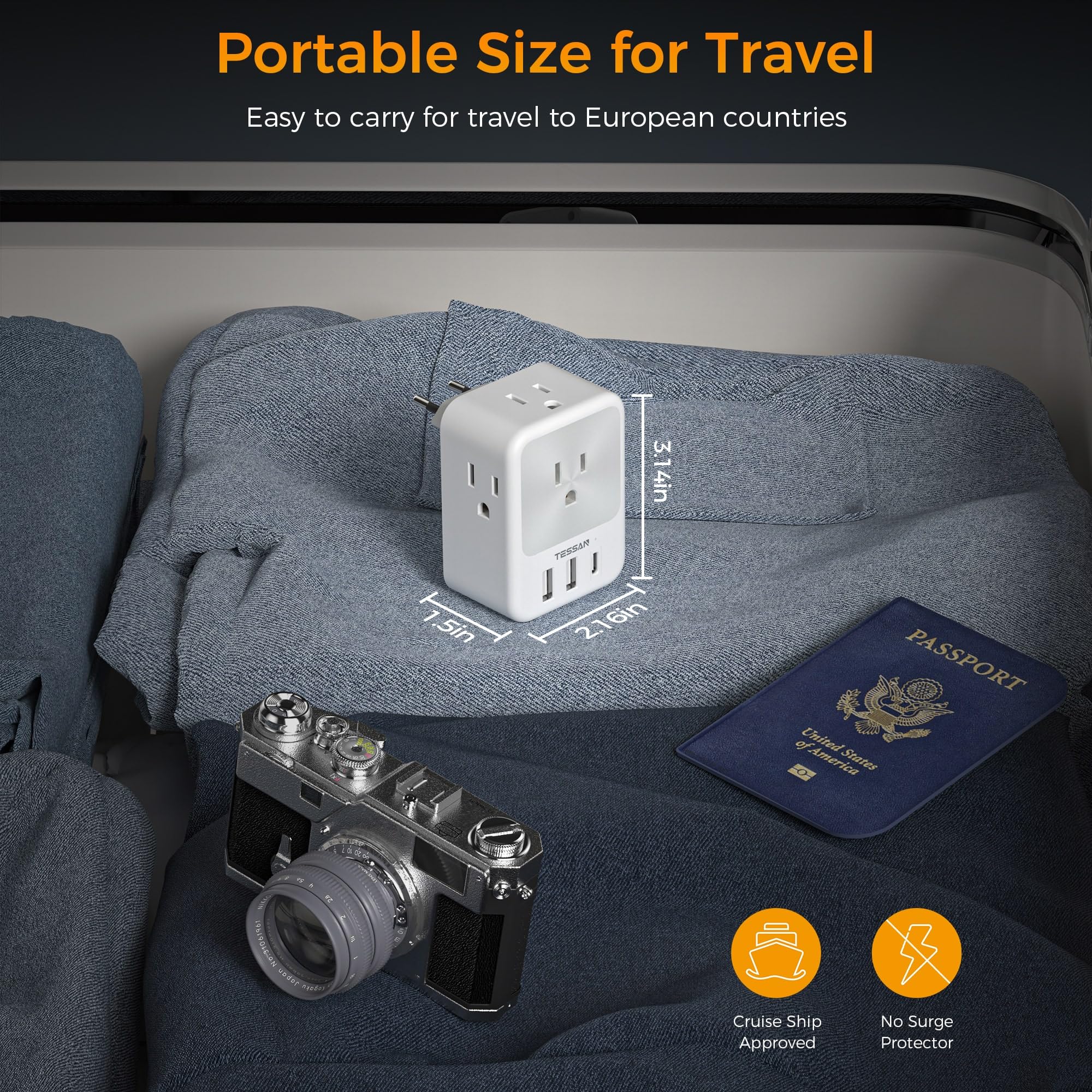 European Travel Plug Adapter 2 Packs, Tessan Europe International Power Adaptor With 4 Outlets 3 Usb Charging Ports (1 Usb C), T