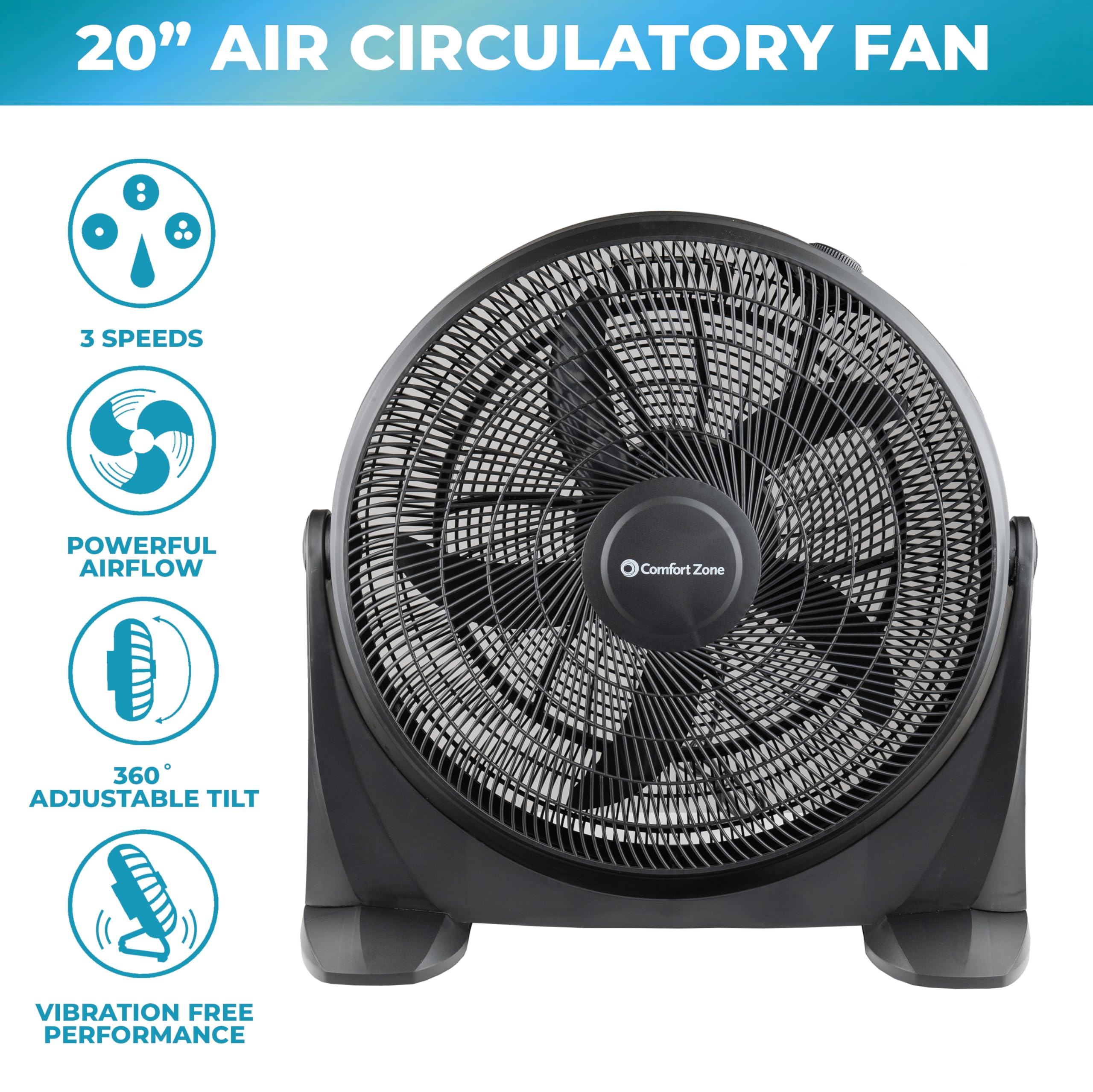 Comfort Zone 20-Inch High-Velocity Floor Fan With 3 Speeds, 180 Adjustable Tilt - Powerful Bedroom Fan For White Noise & Cooling