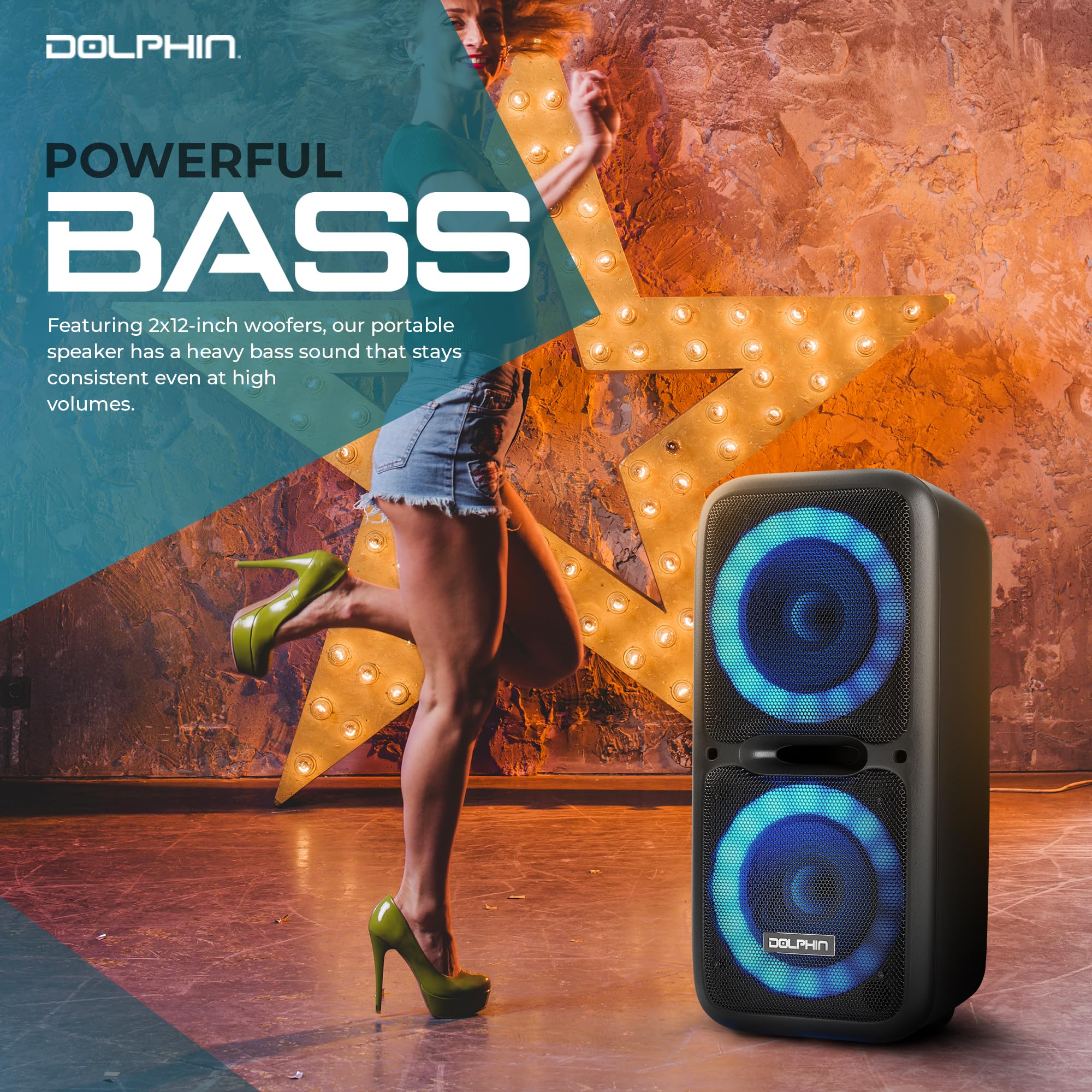 Dolphin Boxparty 2120 Dual 12' Party Speakers   Portable & Rechargeable Sound With Microphone, Bluetooth, Usb, Hi Fi Amp, Powerful Bass, 5 Band Equalizer & Led Lights   Long Battery Life   2X12 Inch