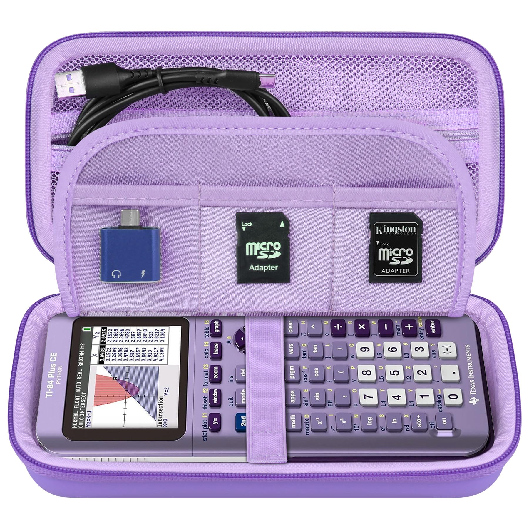 Elonbo Carrying Case For Texas Instruments Ti 84 Plus Ce/Ti 84 Plus/Ti 83 Plus Ce/Casio Fx 9750Gii Color Graphing Calculator, Extra Mesh Pocket Fits Charging Cable, Charger, Manual, Purple