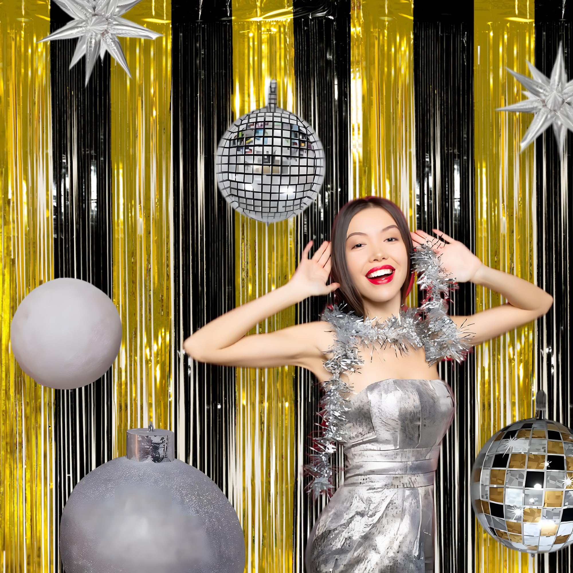 Malanku 2 Pack Black And Gold Party Decorations - 3.3 X 8.2Ft Gold Foil Fringe Curtain Black Tinsel Backdrop Photo Booth Props F