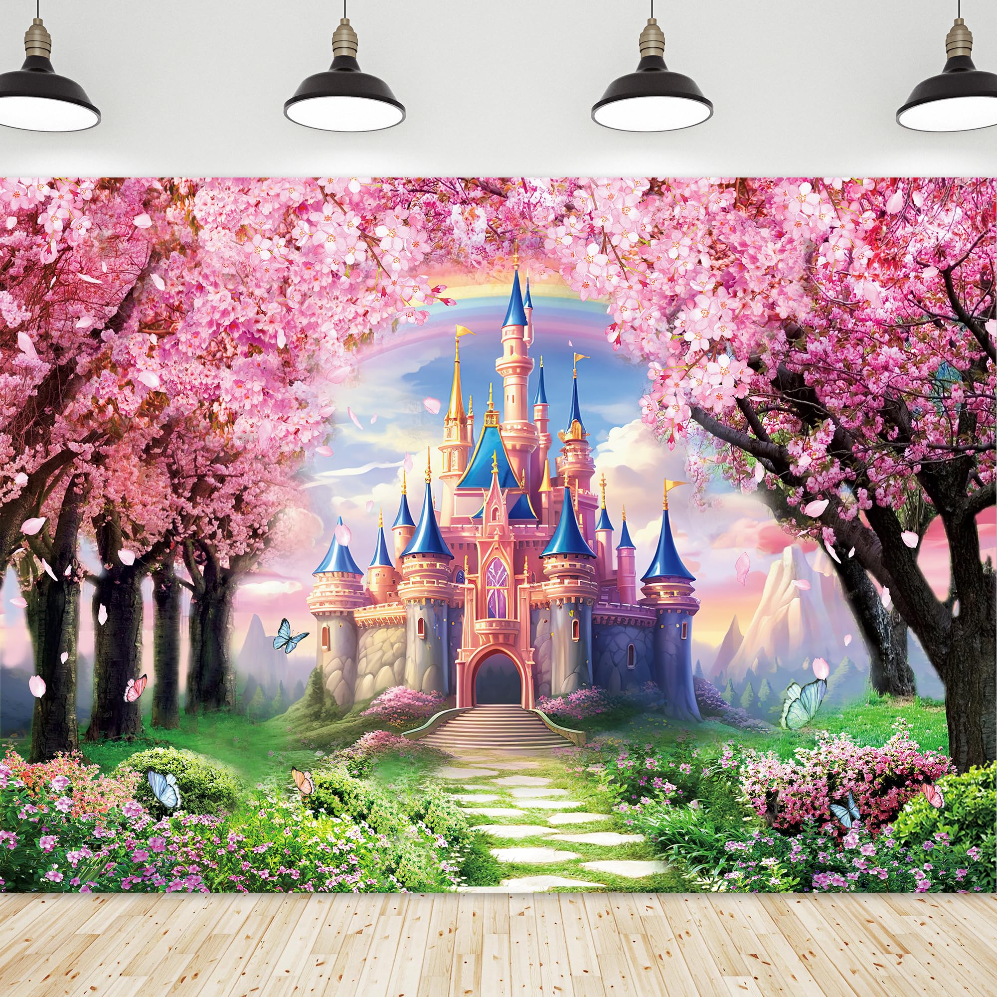 Riyidecor Princess Castle Backdrop Polyester Fabric Pink Sakura Rainbow Flowers Floral Fantasy Fairy Tale Wonderland 8Wx6H Feet