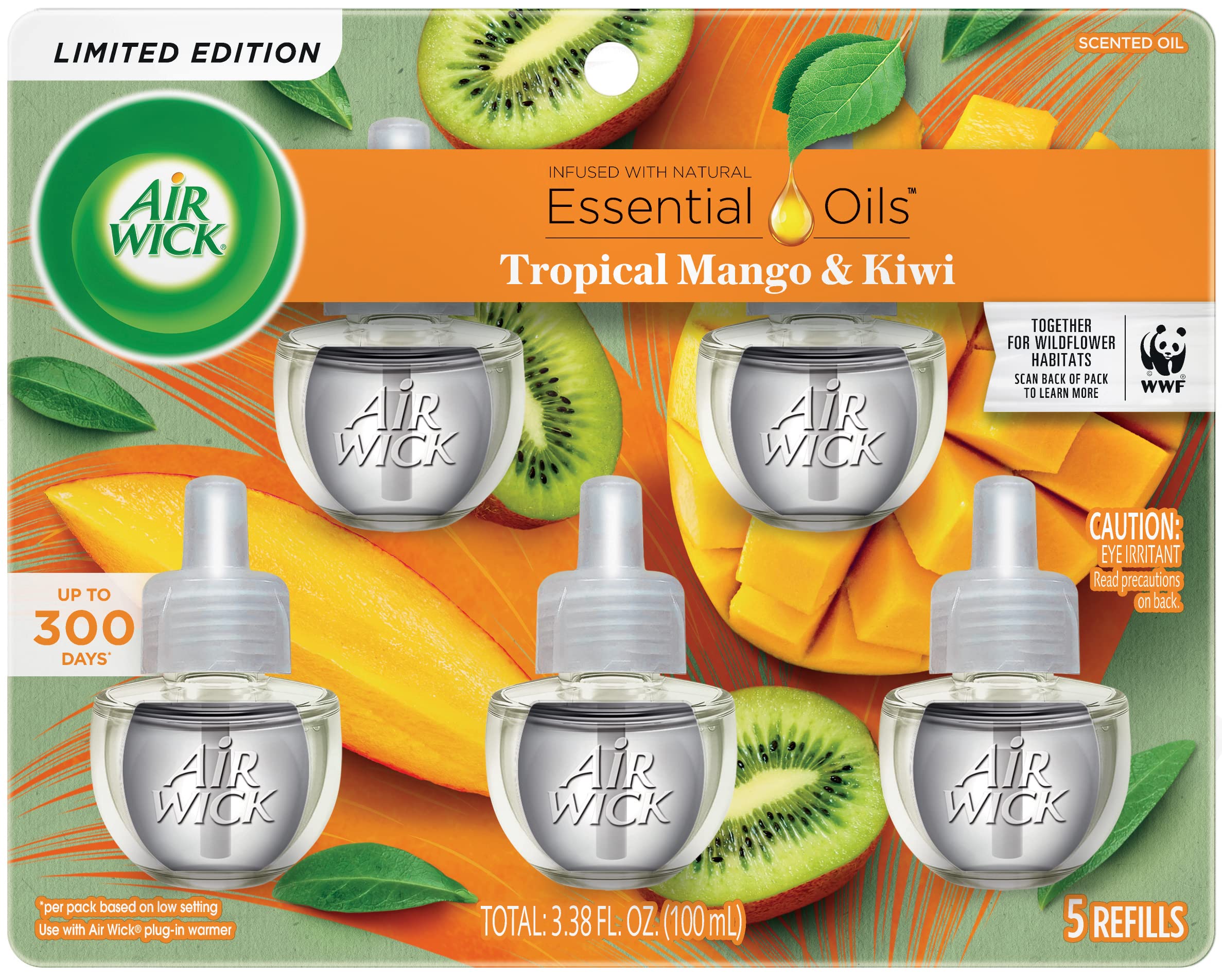 Air Wick Plug In Scented Oil Refill, 5 Ct, Fresh Mango & Kiwi, Air Freshener, Essential Oils, Spring Collection