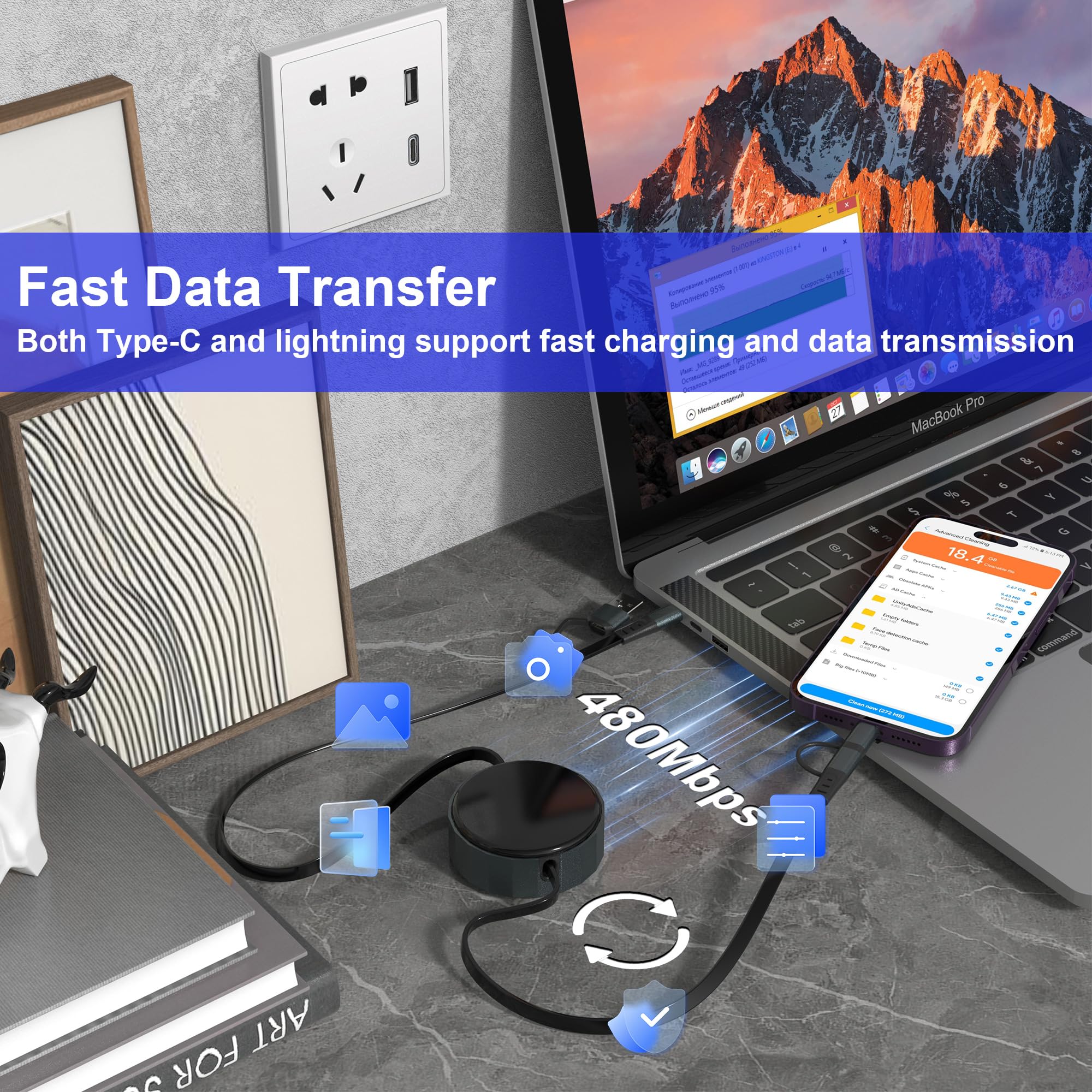 Retractable Usb C Lightning Cable For Iphone Ipad Samsung   60W Retractable Phone Charger[Mfi Certified], Apple Carplay & Androi