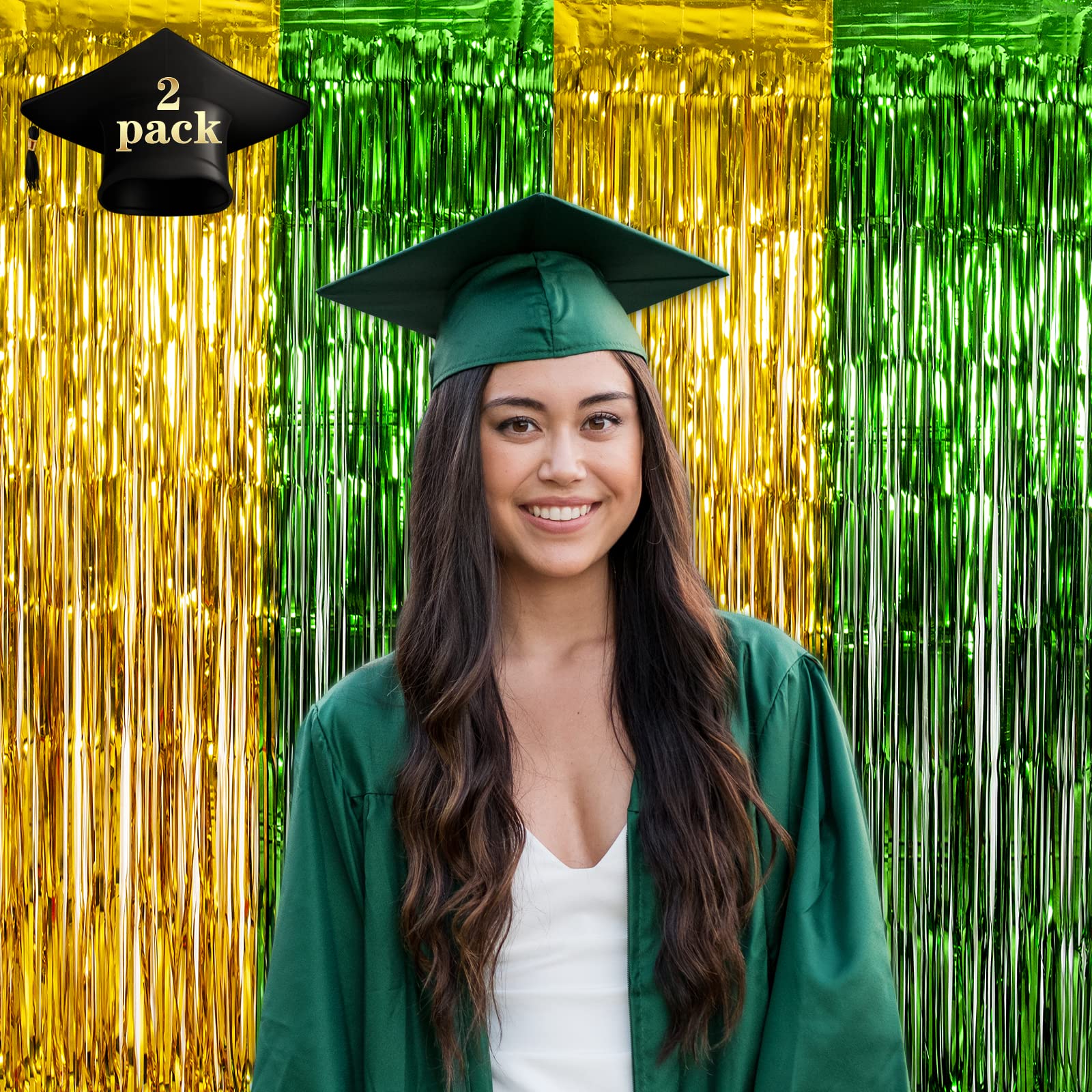 Lolstar 2 Pack Green And Gold 2024 Graduation Party Decorations, 3.3X6.6 Ft Foil Fringe Curtains, Graduation Photo Booth Props T