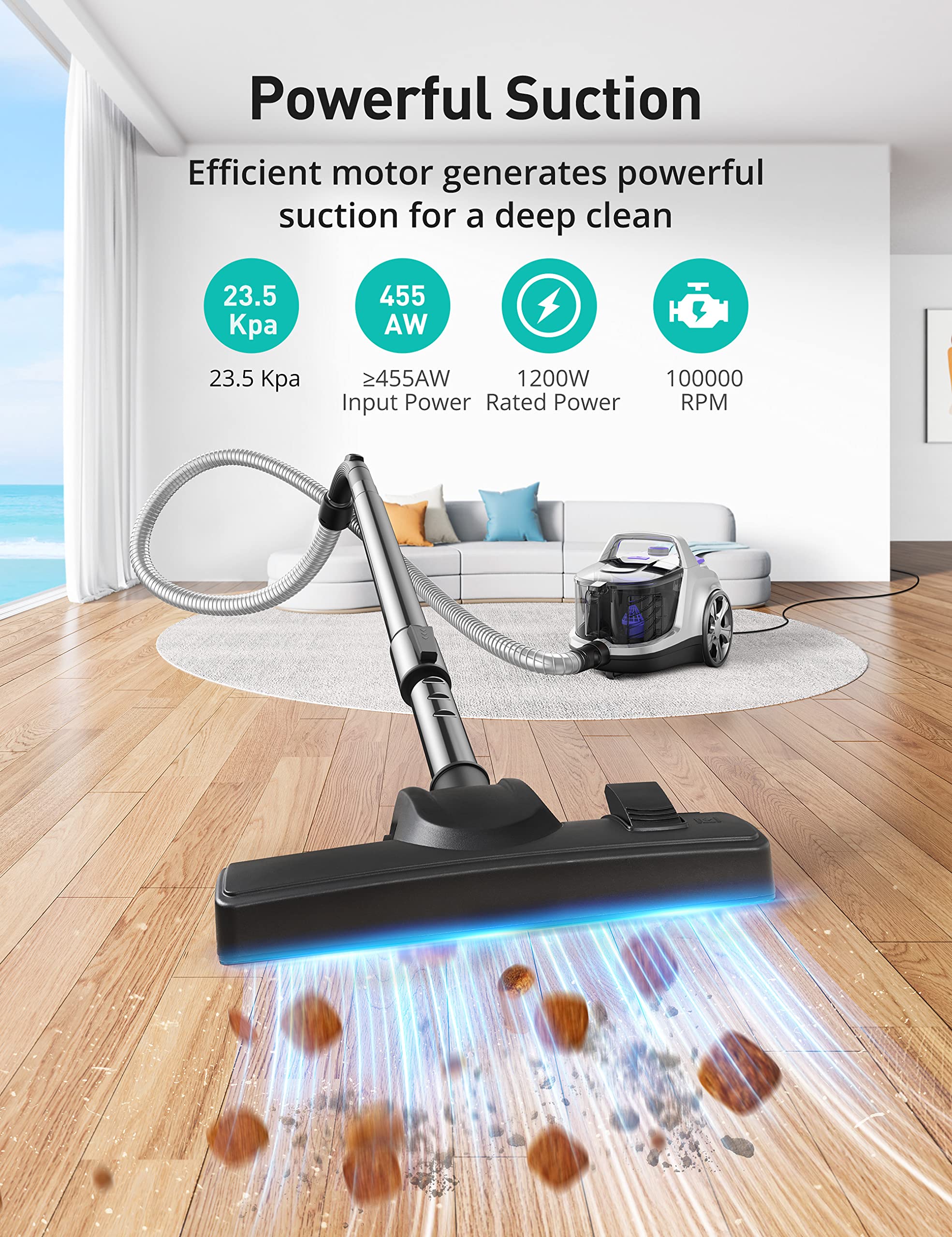 Aspiron Canister Vacuum Cleaner, 24Kpa Bagless Vacuum Cleaner, 3.7Qt Large Dust Cup, Double Hepa Filter, Retractable Cord, 1200W