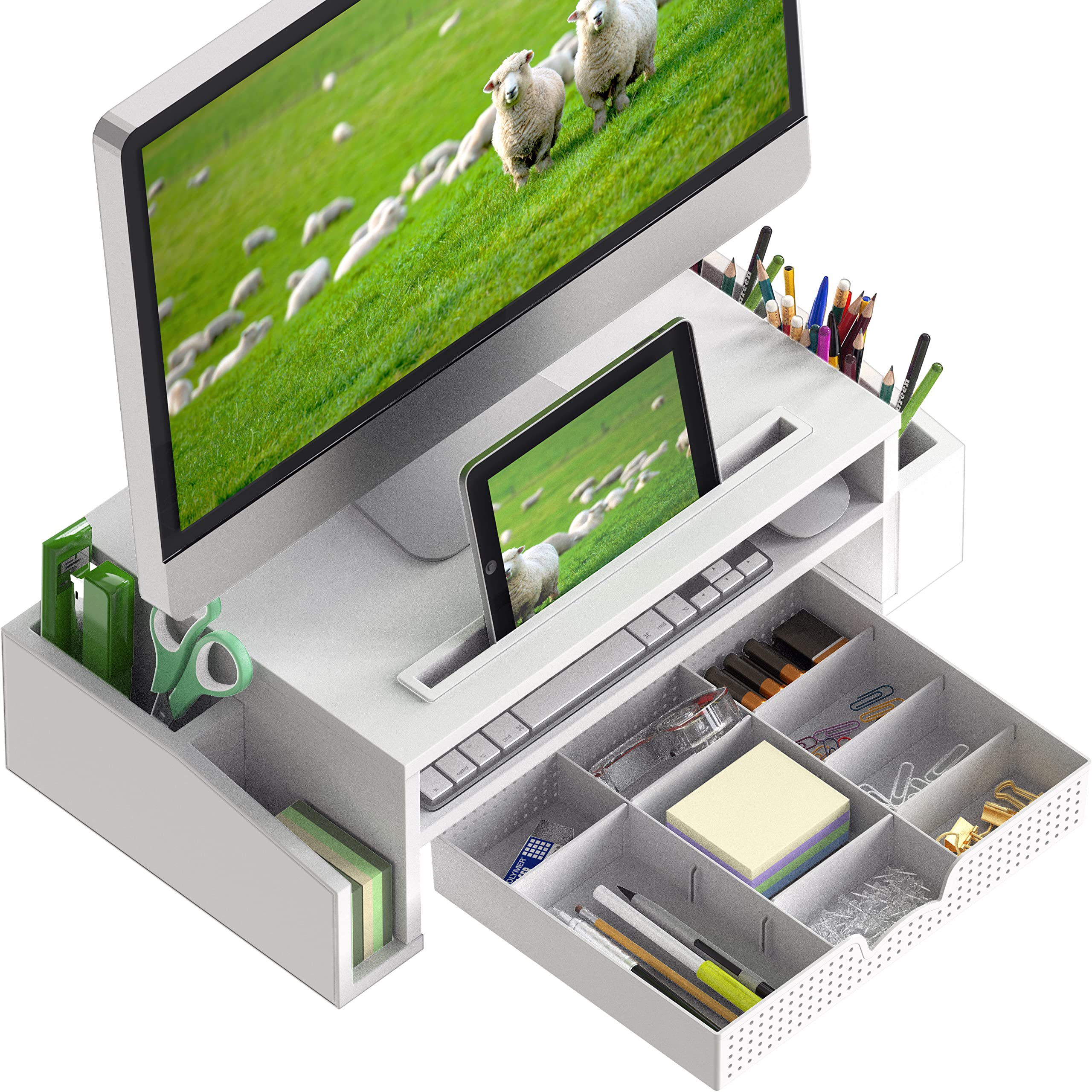 Simple Houseware Desk Monitor Stand Riser with Adjustable Organizer Tray, White