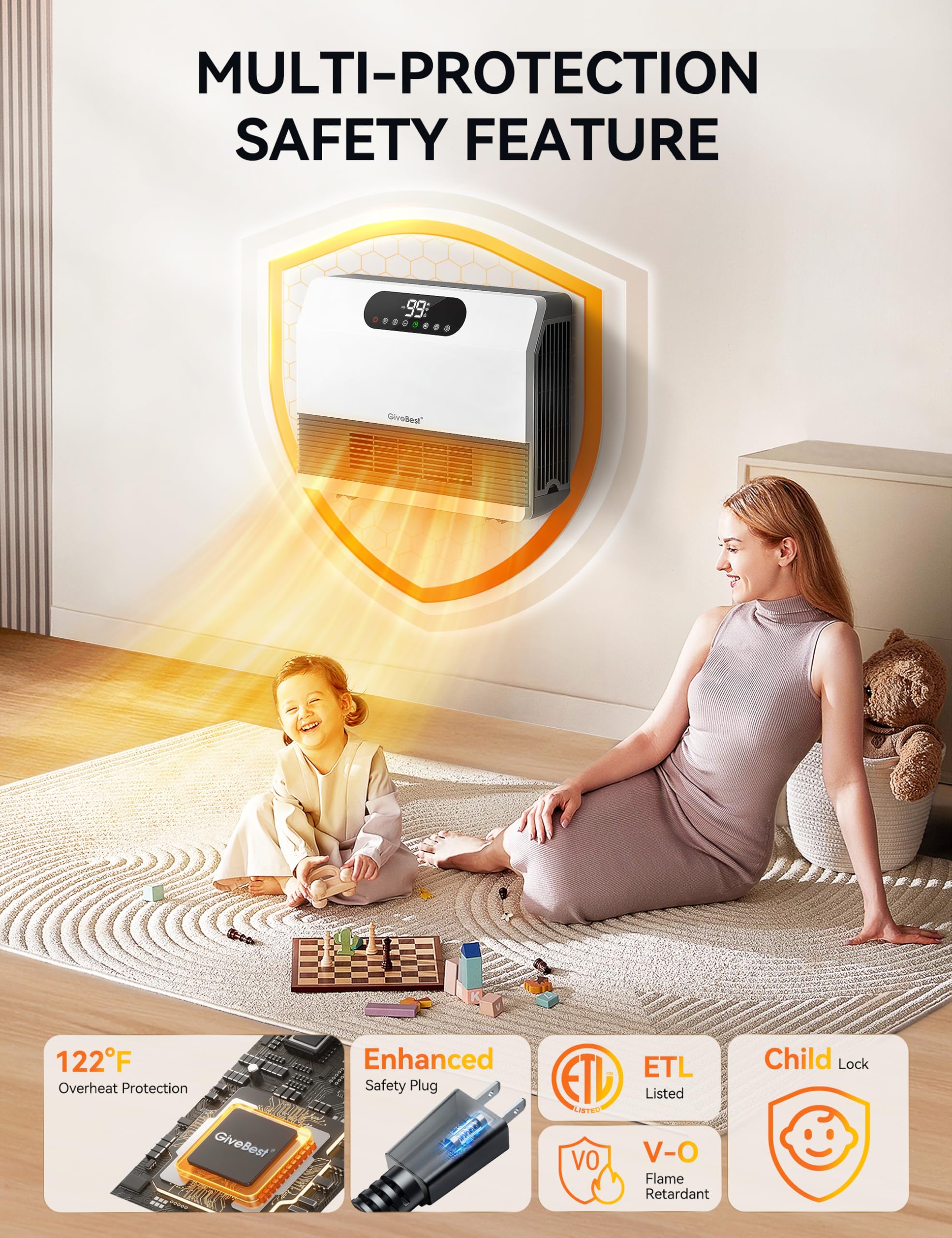 Givebest Smart Wall Heater, 1500W Fast Heating Space Heater For Bedroom, Electric Space Heater With Thermostat For Indoor Use, F