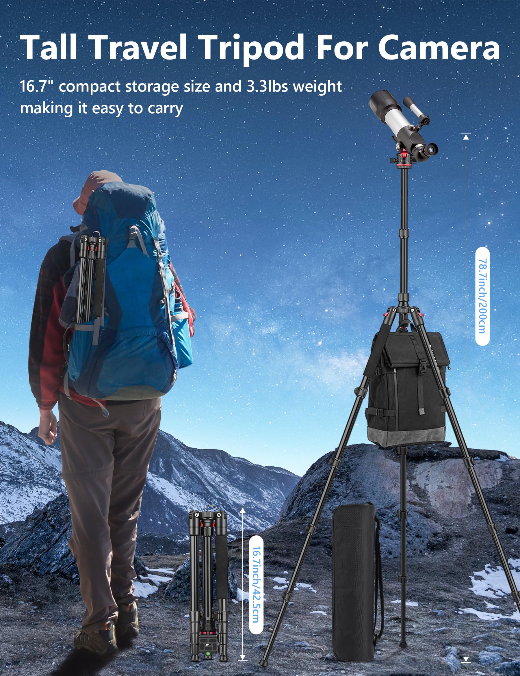 78' Aluminum Camera Tripods & Monopods, Victiv Compact Travel Tripod For Camera Dslr, Spotting Scope,Telescope, Binoculars, Porfessional Heavy Duty Camera Tripod Stand For Photography Video Recording