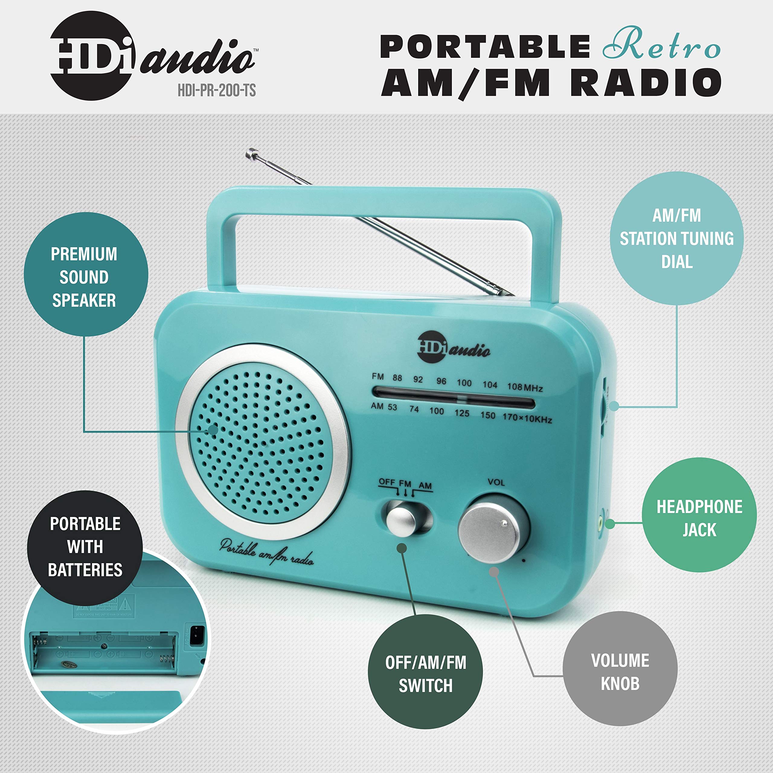 Hdi Audio Radio Teal/Silver Premium Home Vintage Portable Retro Radio Classic Am/Fm Radio With Built In Speakers + Headphone Jack