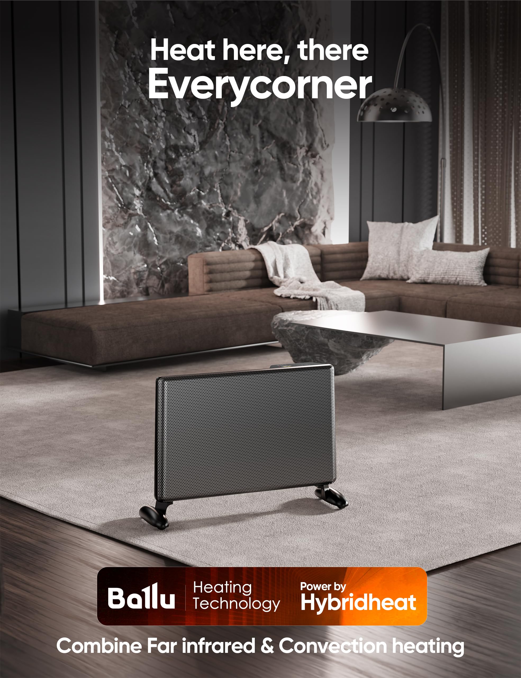 Ballu Mica Infrared Space Heater Indoor Use,Electric Panel Heater With Led Display Remote,Wifi App Control,Portable Stand Wall M