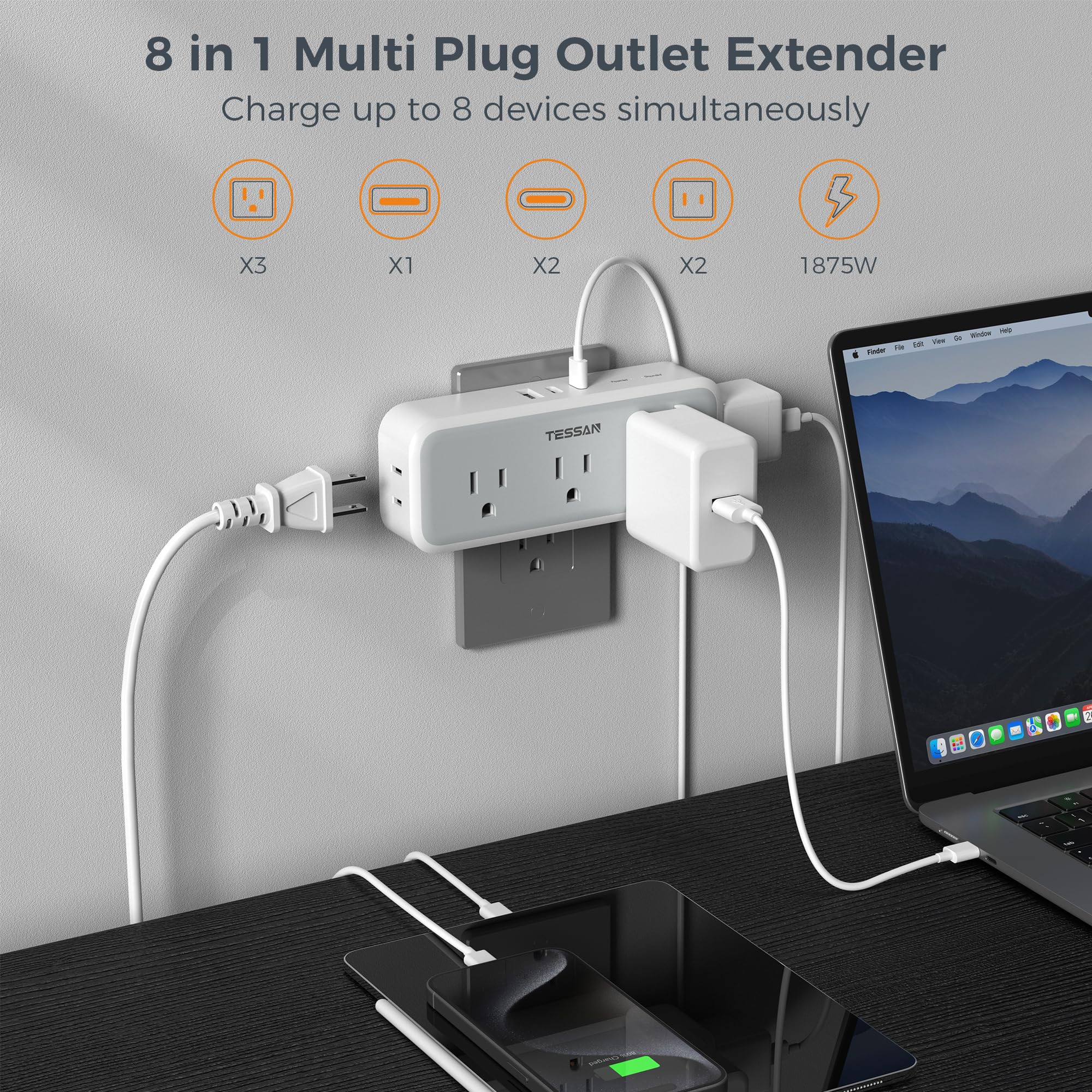 Multi Plug Outlet Extender, Usb Wall Charger, Tessan Multiple Outlet Splitter With 5 Outlets And 3 Usb (2 Usb C), Electrical Pow