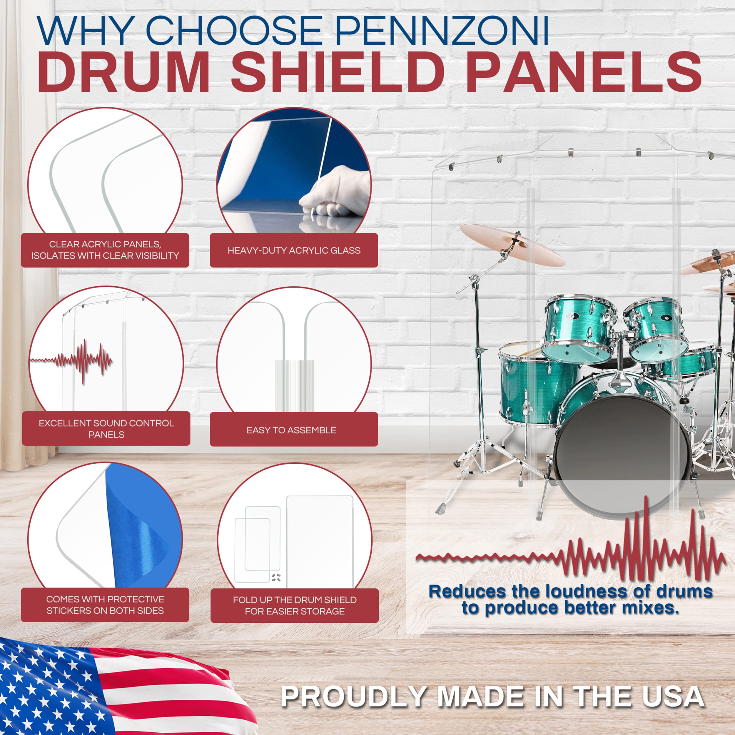 Pennzoni Drum Shield 6Ft W/Deflector & Plastic Hinges, Comes W/ 3 Drum Panels, Plastic Hinges & Deflector Connectors, Premium Cl
