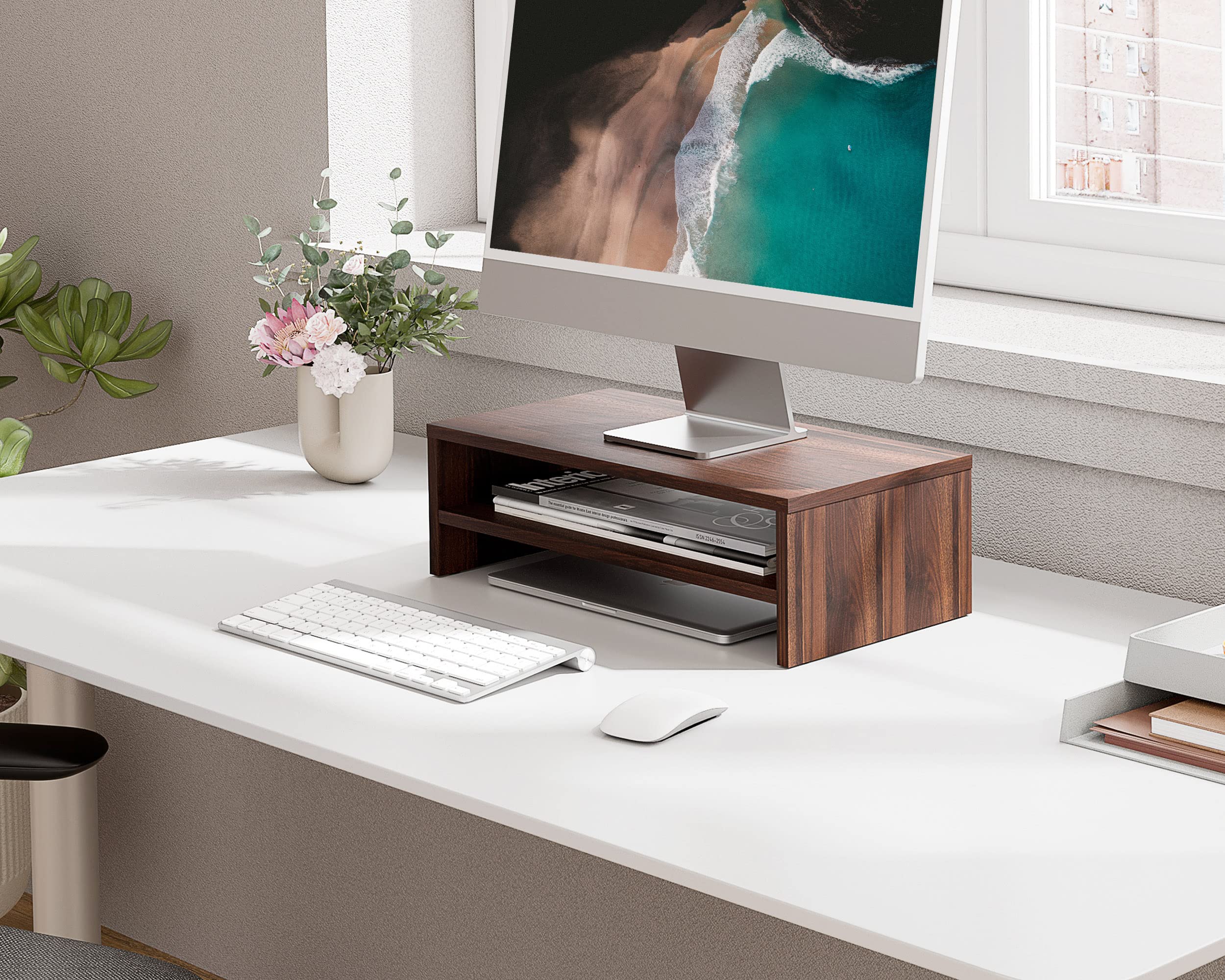 FITUEYES Monitor Stand   2 Tier Computer Monitor Riser with 16.7 Inch Shelf, Wood Desktop Stand for Laptop Computer Screen, Desk Organization, Office Supplies