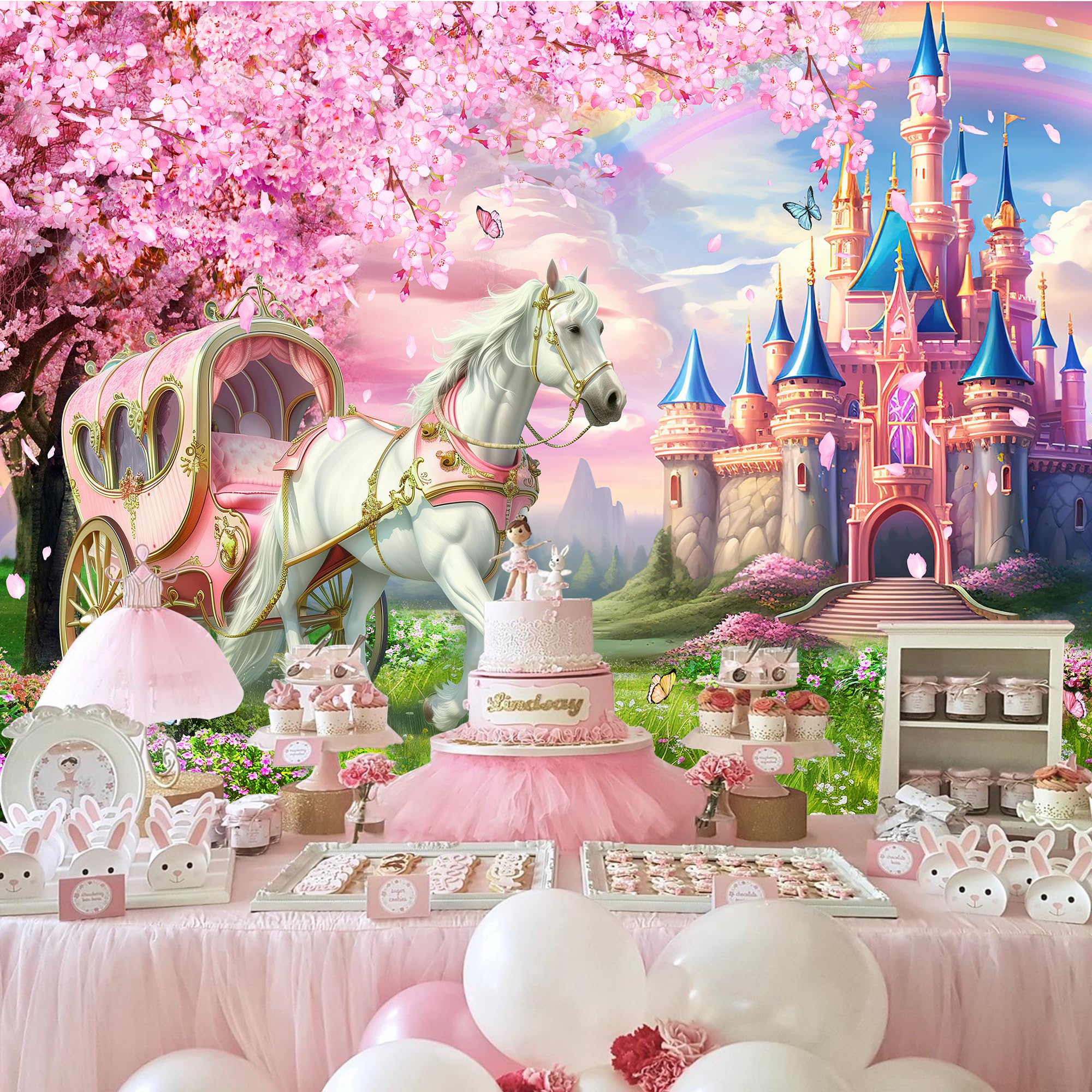Riyidecor Princess Castle Backdrop Polyester Fabric Pink Sakura Rainbow Flowers Floral Fantasy Fairy Tale Wonderland 7Wx5H Feet