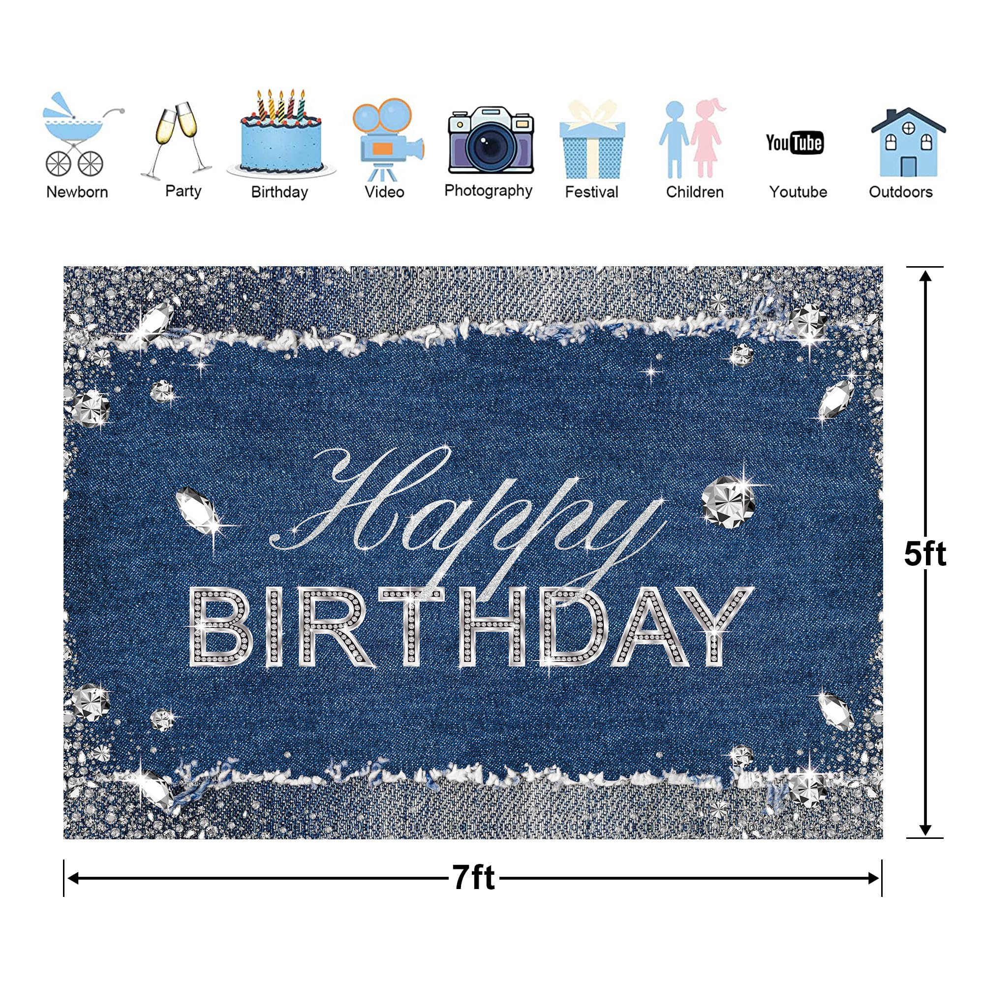 Glawry Denim Diamonds Birthday Backdrop 7Wx5H Feet Sparkle Shining Navy Blue Modern Luxury Crystal Girls Happy Birthday Party De
