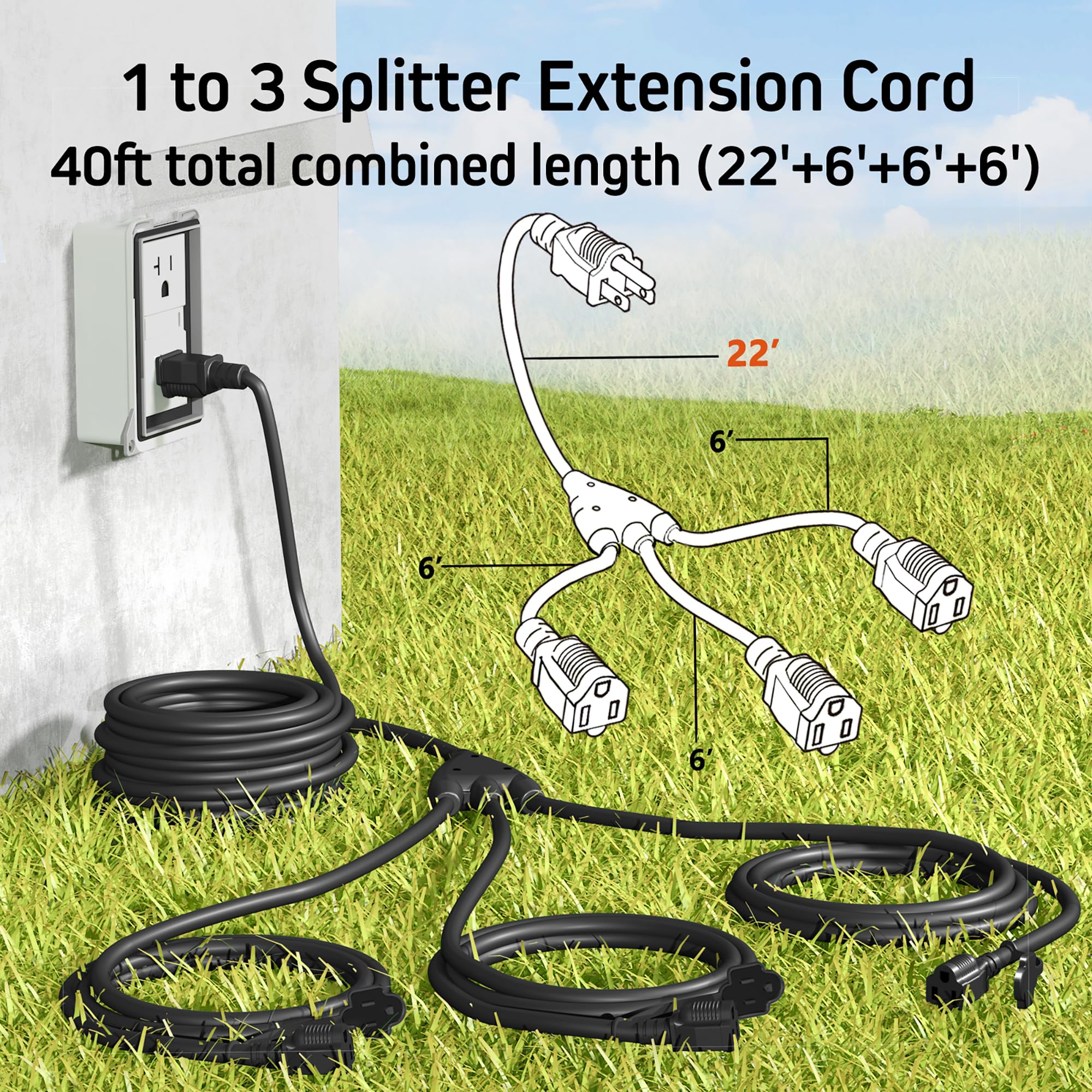 Eversimpleinc Black 1 To 3 Splitter Extension Cord (Combined 40 Ft, End To End 28 Ft), 3 Prong Plug With 3 Extended Outlets, Wit