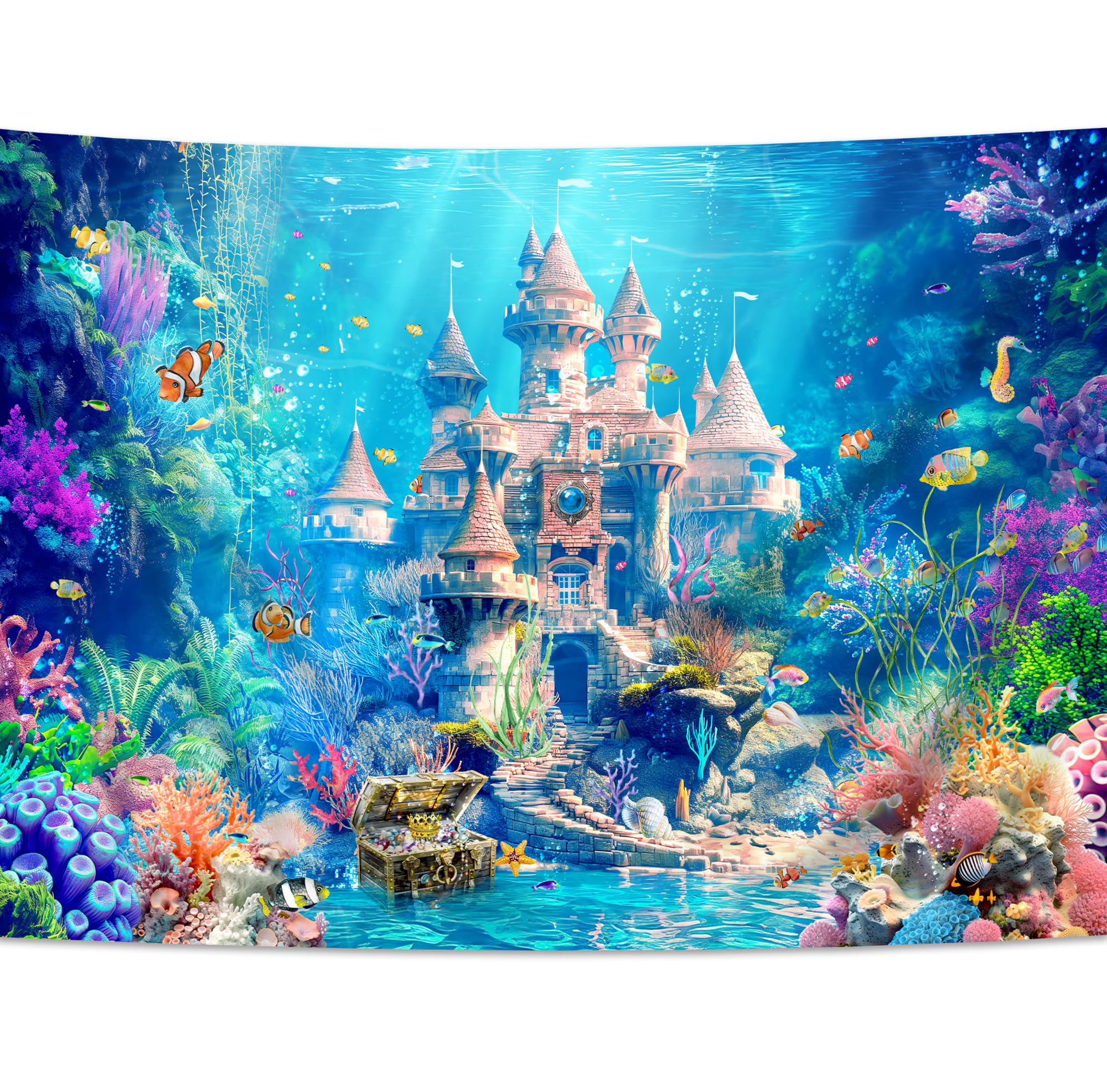 Svbright Ocean Castle Backdrop 7Wx5H Princess Underwater Sea Fairy Birthday Wonderland Aquarium Sea Fish Coral Plant Cute Kids C