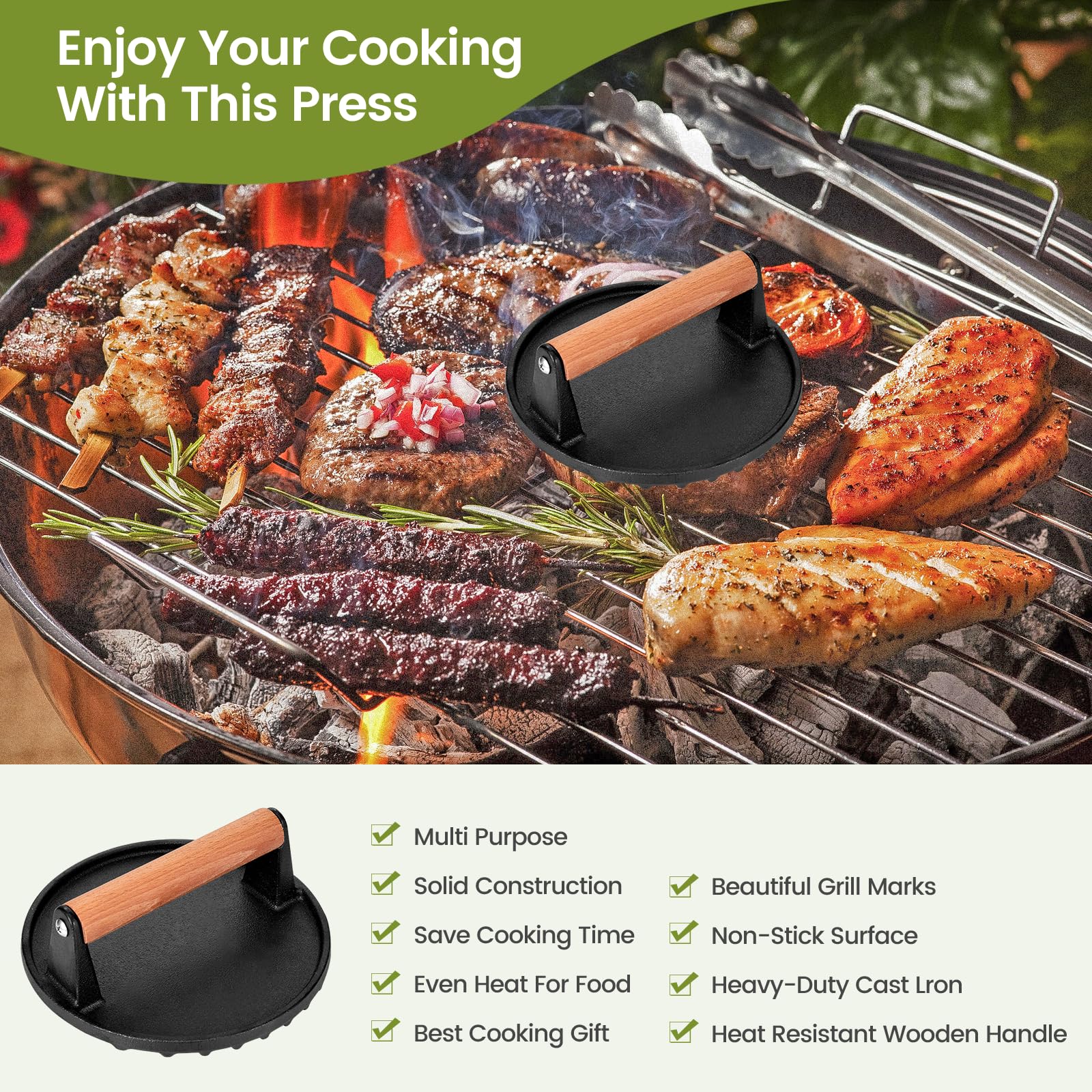 Whaleme Burger Press, Blackstone 7    Round Heavy Duty Cast Iron Smash Meat Steak With Wooden Handle For Blackstone Griddle, Ide