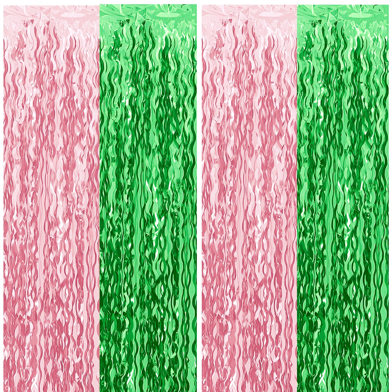 Pink and Green Wavy Tinsel Foil Fringe Curtains Photo Booth Backdrop for Green Pink Theme Birthday Party Witch Decorations(2 Pac