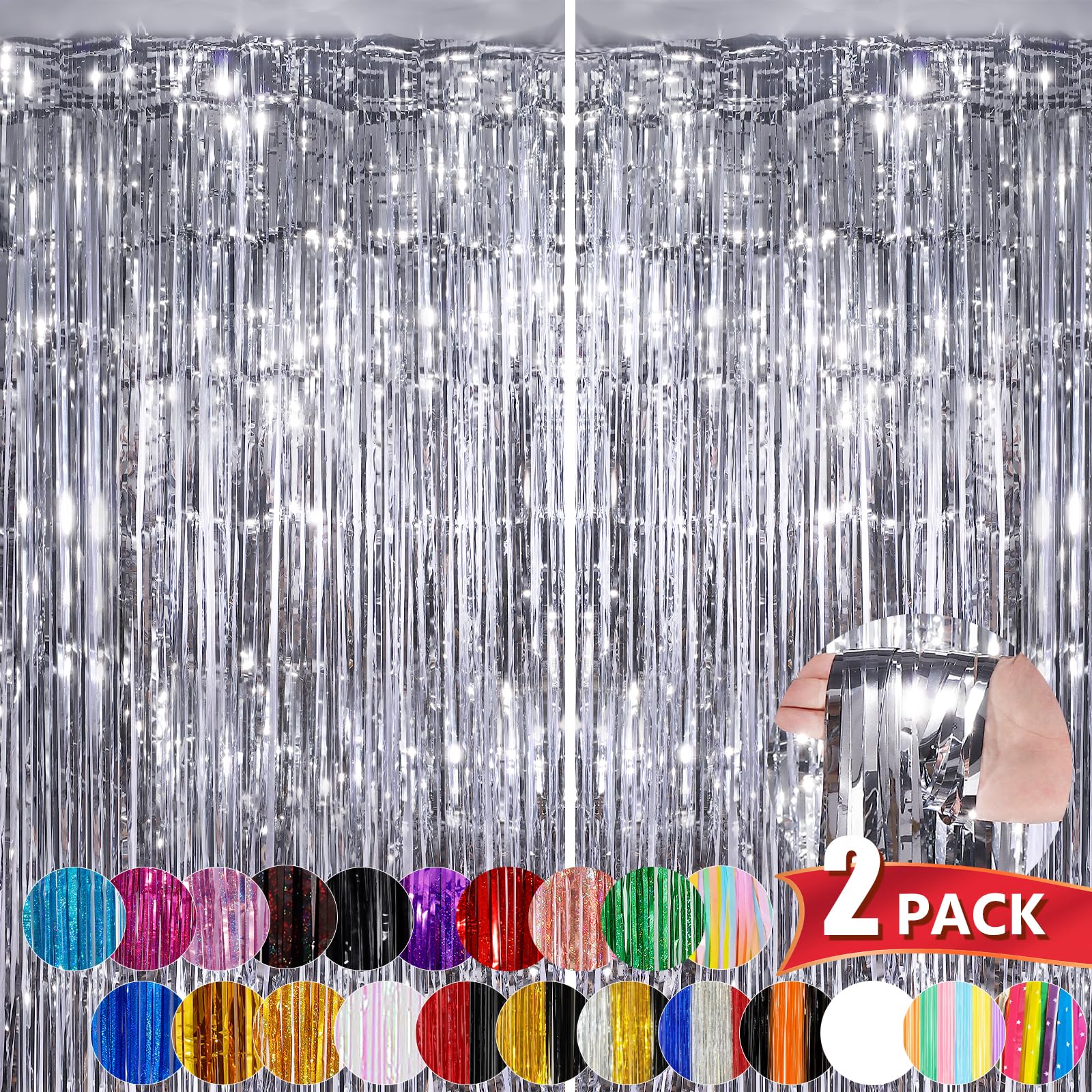 Silver Metallic Tinsel Foil Fringe Curtains, 2 Pack 3.3X8.3 Feet Party Streamer Curtains For Birthday Party Decorations, Hallowe