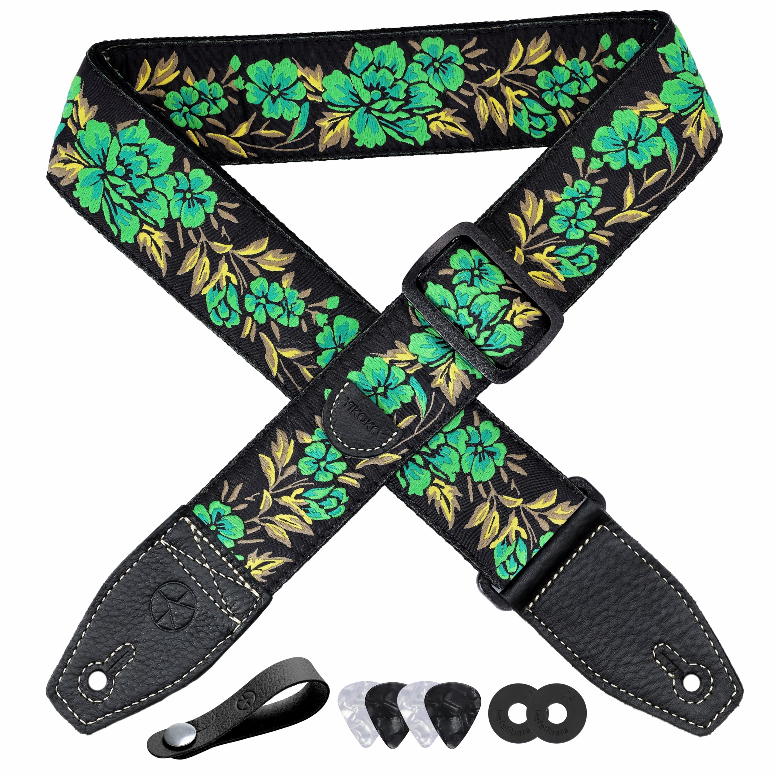 YIKOKO Guitar Strap 2, Cotton Embroidery Flower Guitar Straps with Full Grain Leather End, for Bass, Electric and Acoustic Guit