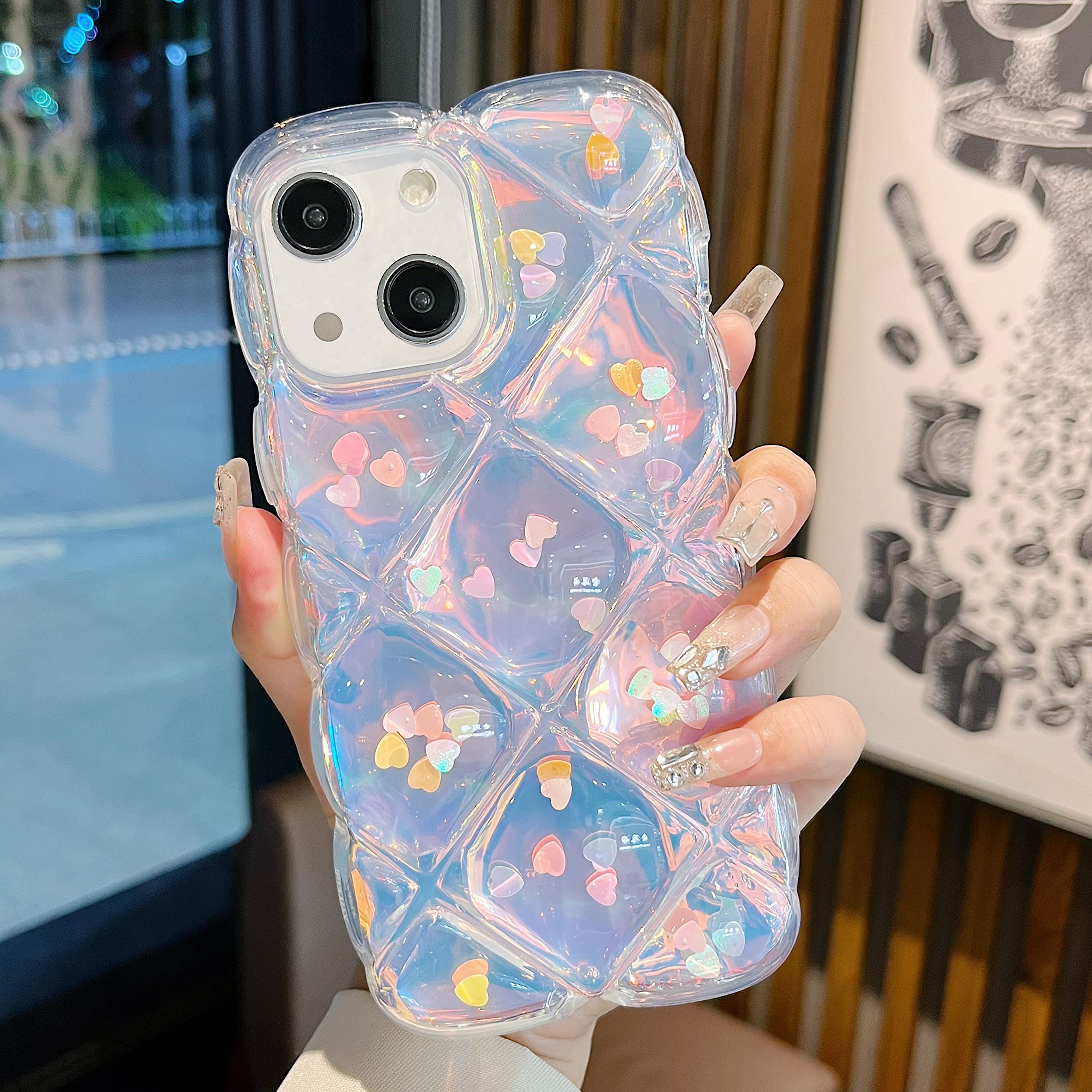 Qokey iPhone 14 Plus Case Laser Love Heart Glitter Clear TPU Shockproof Phone Cover